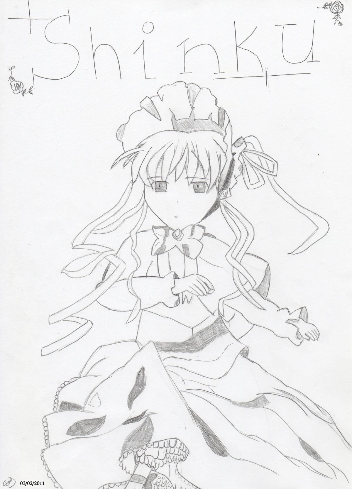 1girl 86800 blush bonnet bow bowtie dress frills full_body greyscale image long_hair long_sleeves looking_at_viewer monochrome shinku shoes solo standing striped very_long_hair