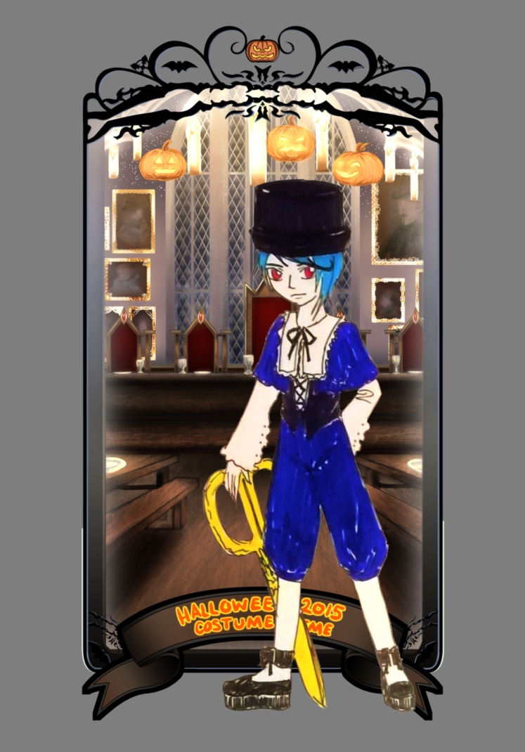 1girl blue_hair halloween hat image jack-o'-lantern lantern red_eyes short_hair smile solo souseiseki