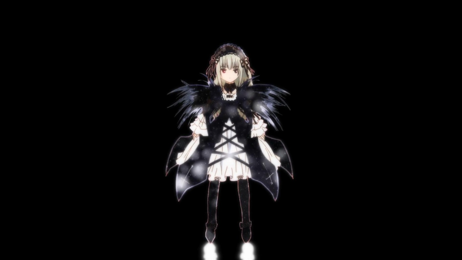 1girl auto_tagged black_dress black_footwear black_legwear boots dress frills full_body hairband image long_sleeves looking_at_viewer silver_hair solo standing suigintou