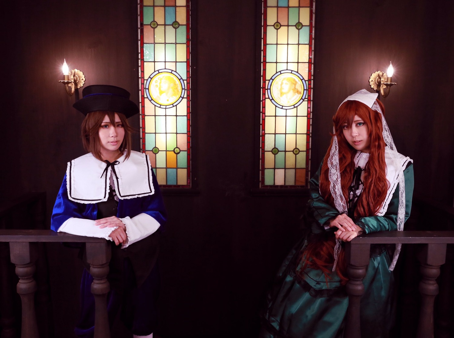 blue_eyes brown_hair candle cloak hair_over_one_eye hands_clasped hat holding_hands indoors long_hair multiple_cosplay multiple_girls own_hands_together stained_glass standing tagme top_hat window