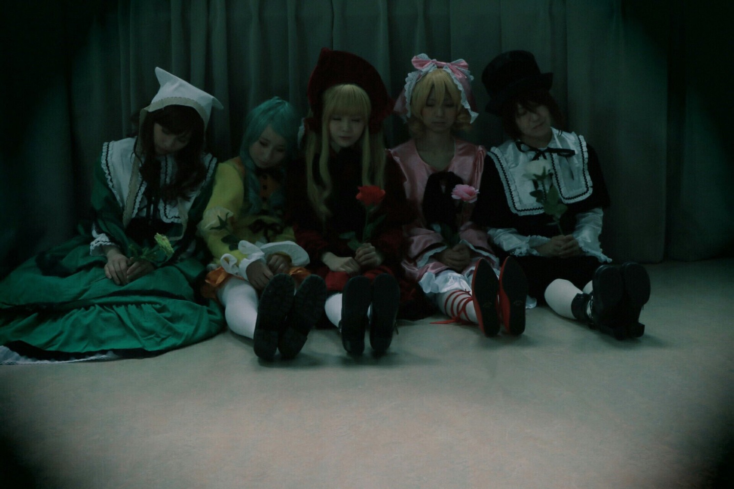 blonde_hair boots hat hood multiple_cosplay multiple_girls sitting tagme