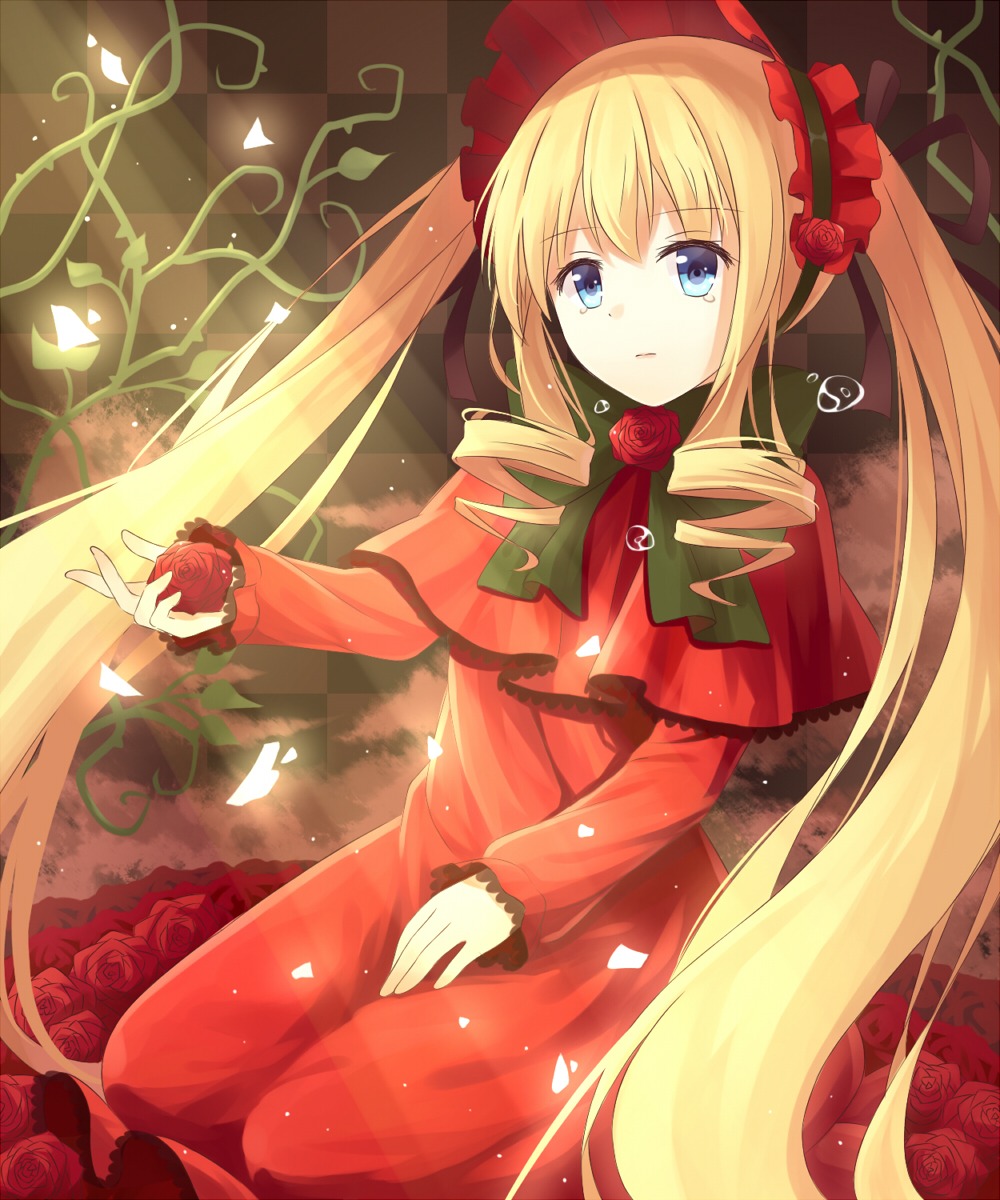 1girl blonde_hair blue_eyes bow bug butterfly capelet dress drill_hair flower image insect long_hair petals red_capelet red_dress red_flower red_rose rose rose_petals shinku solo thorns twin_drills twintails very_long_hair