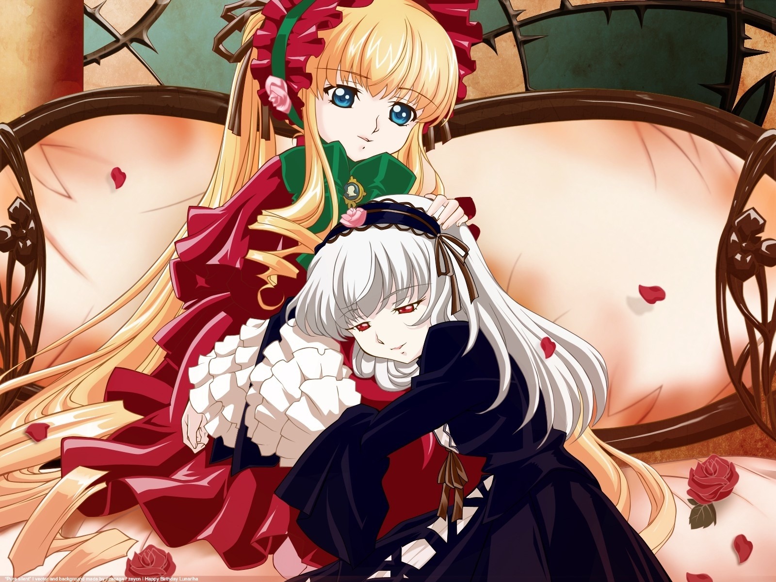 2girls blonde_hair blue_eyes dress drill_hair flower image long_hair long_sleeves multiple_girls pair petals red_dress red_eyes rose shinku silver_hair suigintou very_long_hair