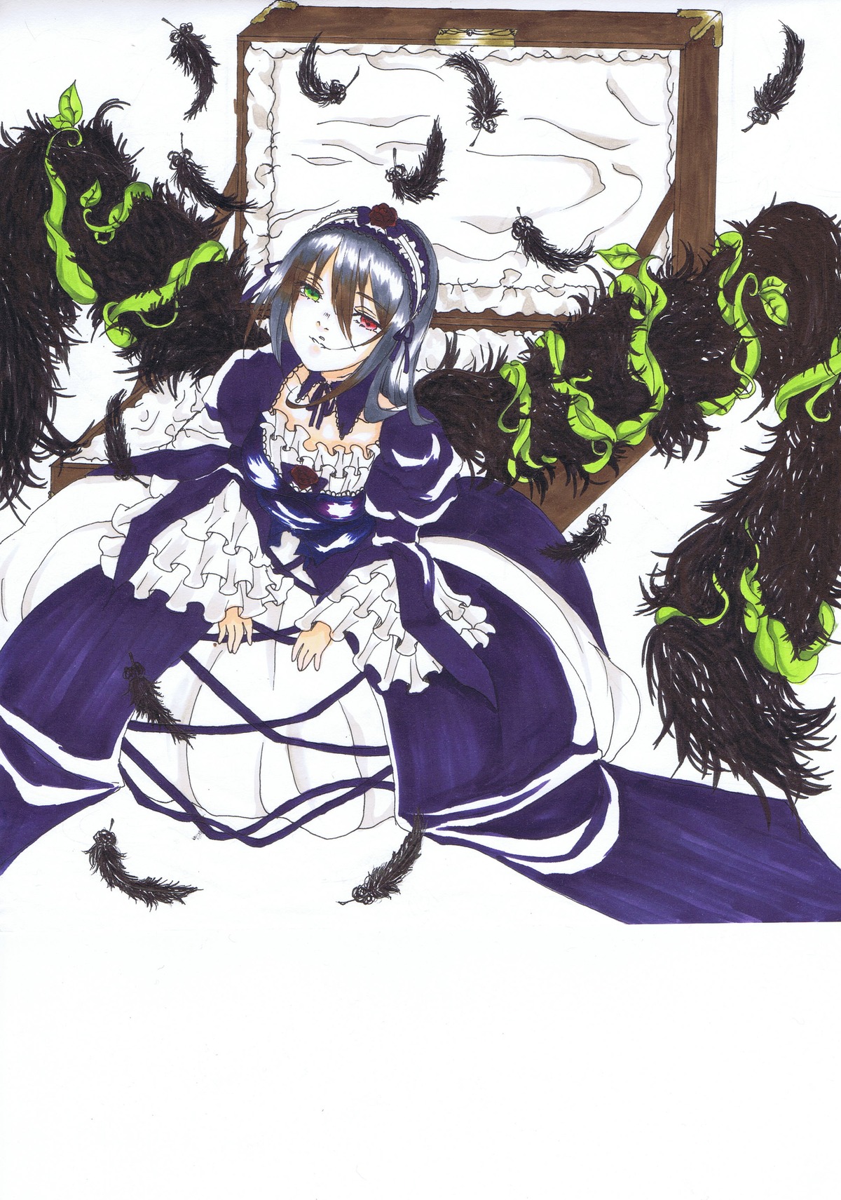 1girl bird black_feathers black_wings crow dove dress feathers frills green_eyes heterochromia image red_eyes seagull short_hair smile solo suigintou wings