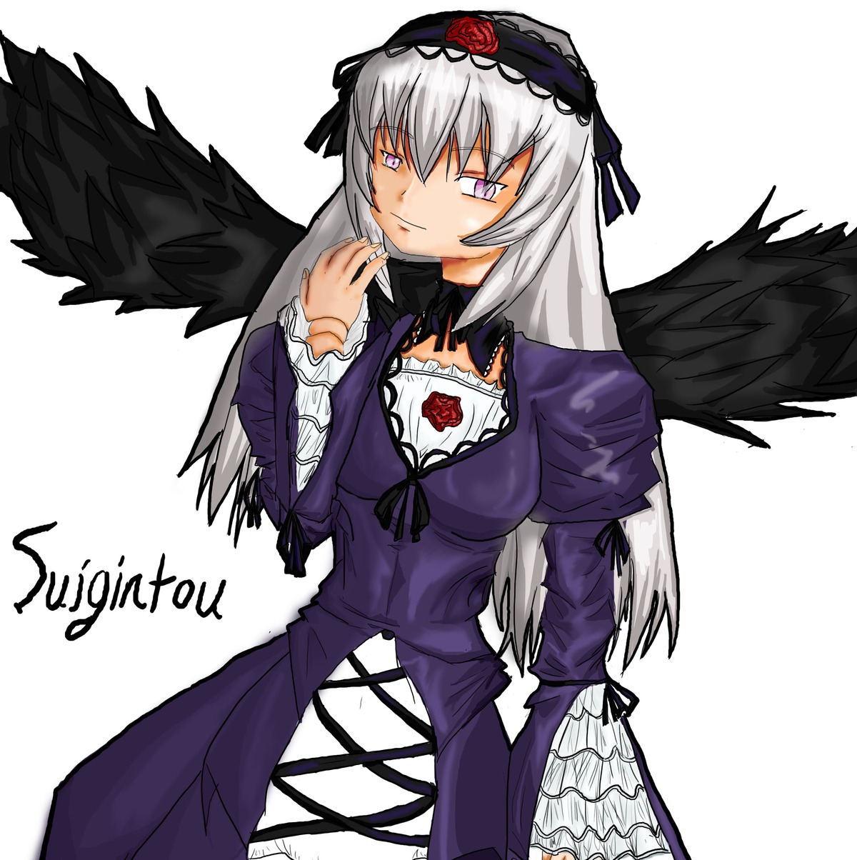 1girl black_wings detached_collar dress flower frills hairband image long_hair long_sleeves looking_at_viewer pink_eyes puffy_sleeves rose silver_hair solo suigintou white_background wings