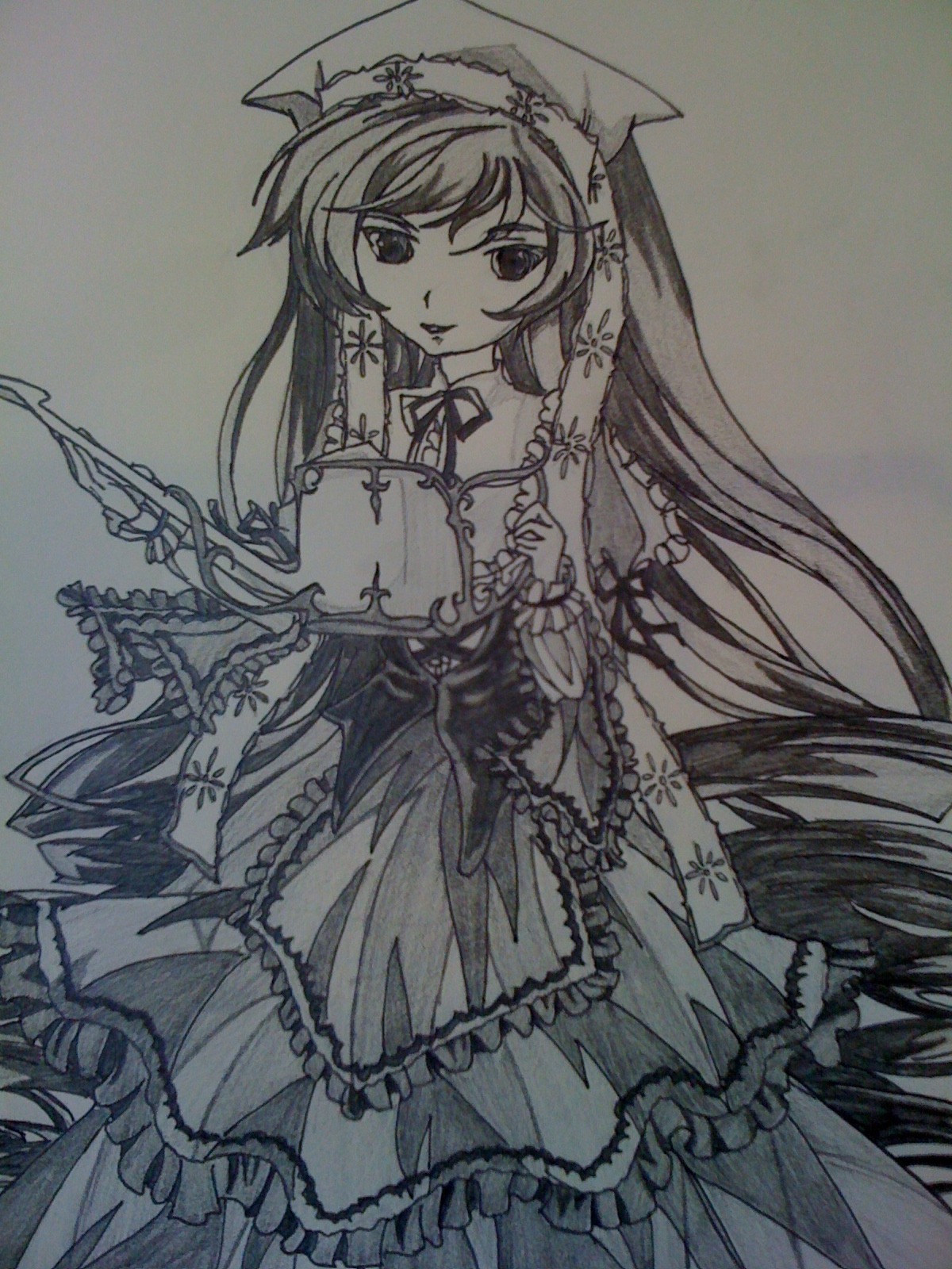 1girl dress frills image long_hair looking_at_viewer monochrome solo suiseiseki traditional_media veil very_long_hair