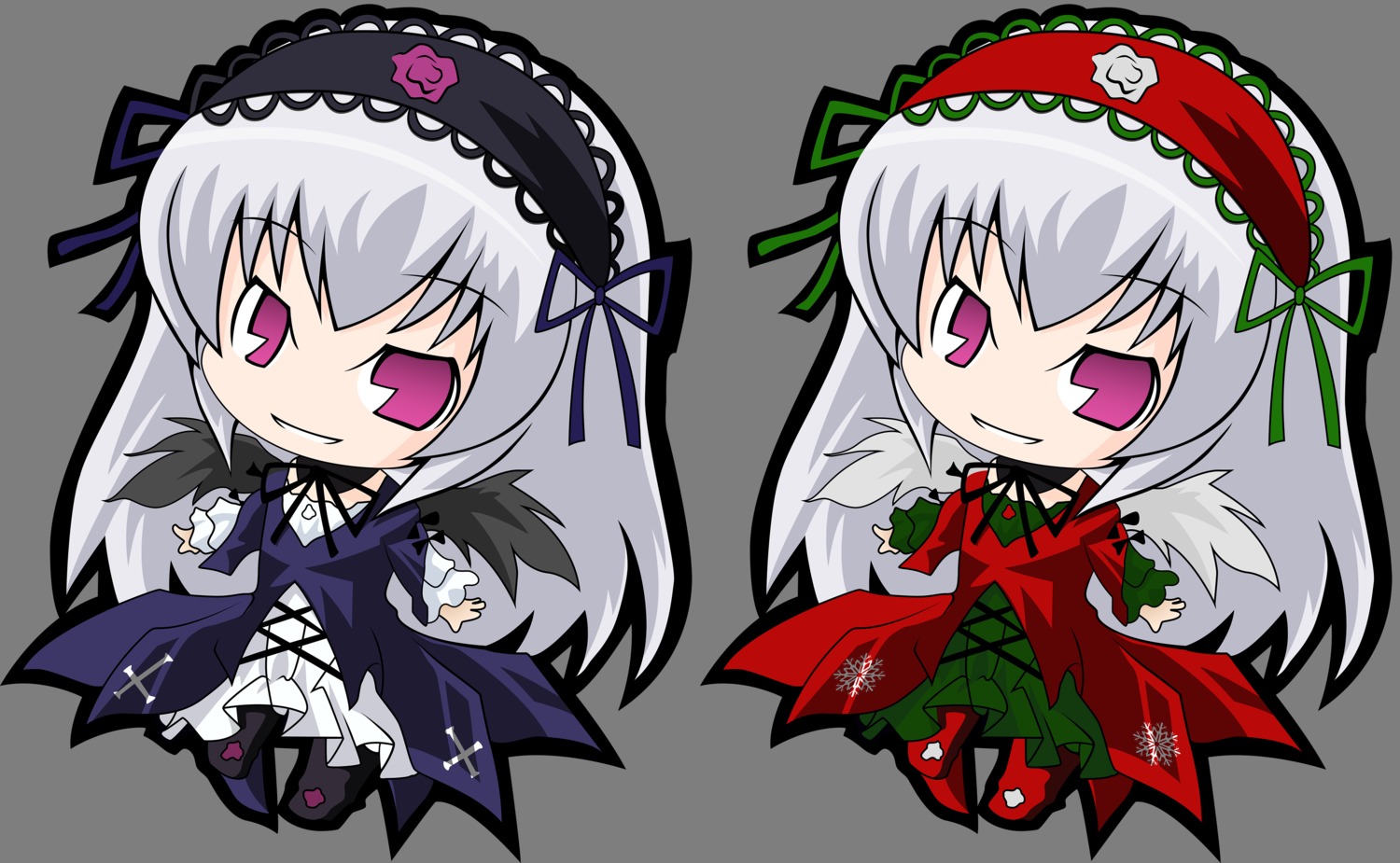 1girl chibi dress flower frills hairband image long_hair long_sleeves pink_eyes purple_eyes silver_hair smile solo suigintou wings