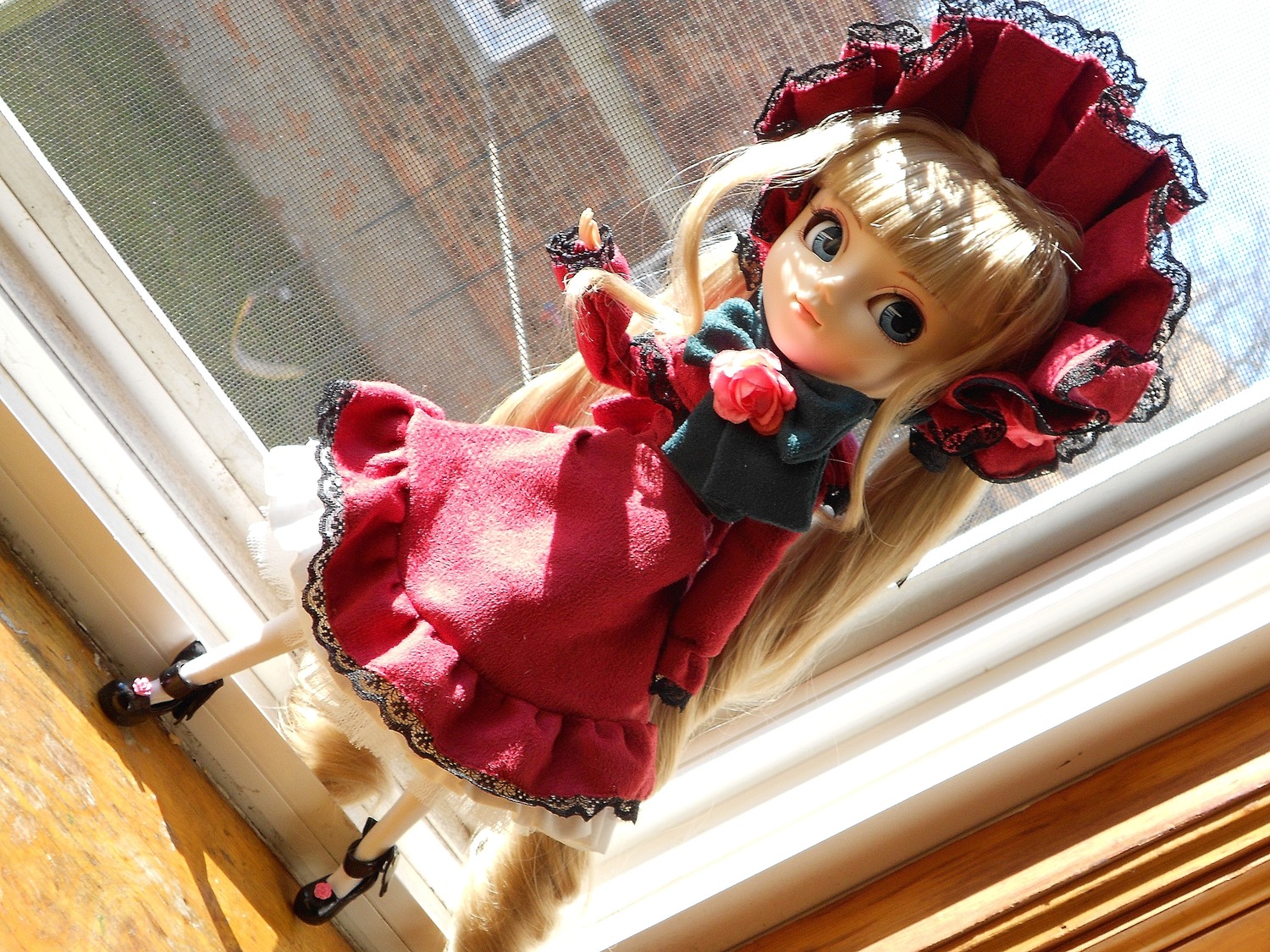 1girl bangs blonde_hair blue_eyes bonnet bow doll dress flower long_hair long_sleeves looking_at_viewer red_dress rose shinku solo standing