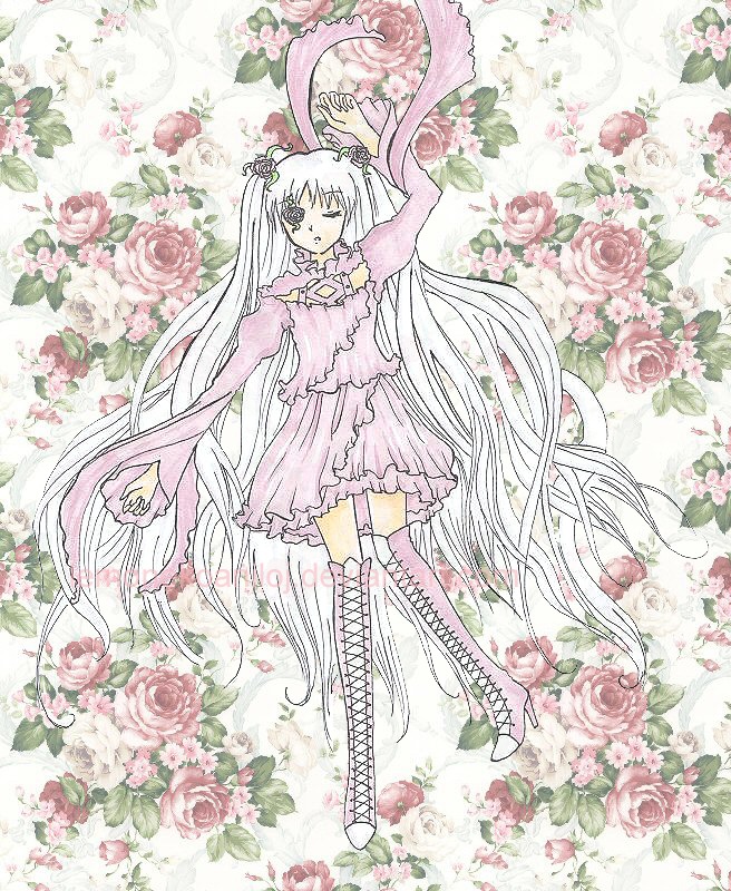 1girl boots dress flower image kirakishou knee_boots long_hair one_eye_closed pink_flower pink_rose red_flower red_rose rose solo thighhighs thorns traditional_media very_long_hair vines watercolor_(medium) white_hair white_rose