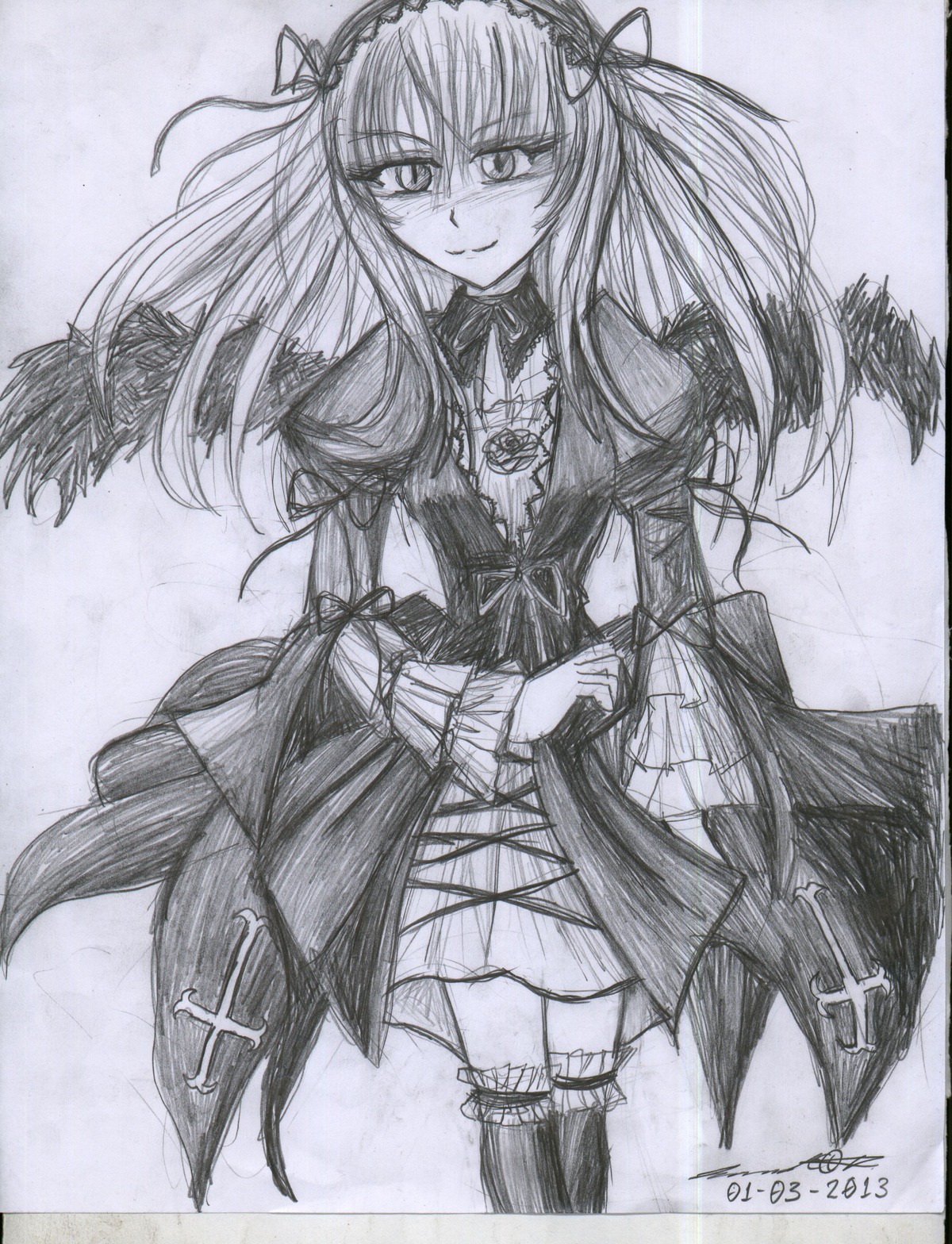 1girl artist_name dated dress frills graphite_(medium) greyscale hairband image lolita_hairband long_hair long_sleeves looking_at_viewer monochrome signature smile solo suigintou traditional_media wings