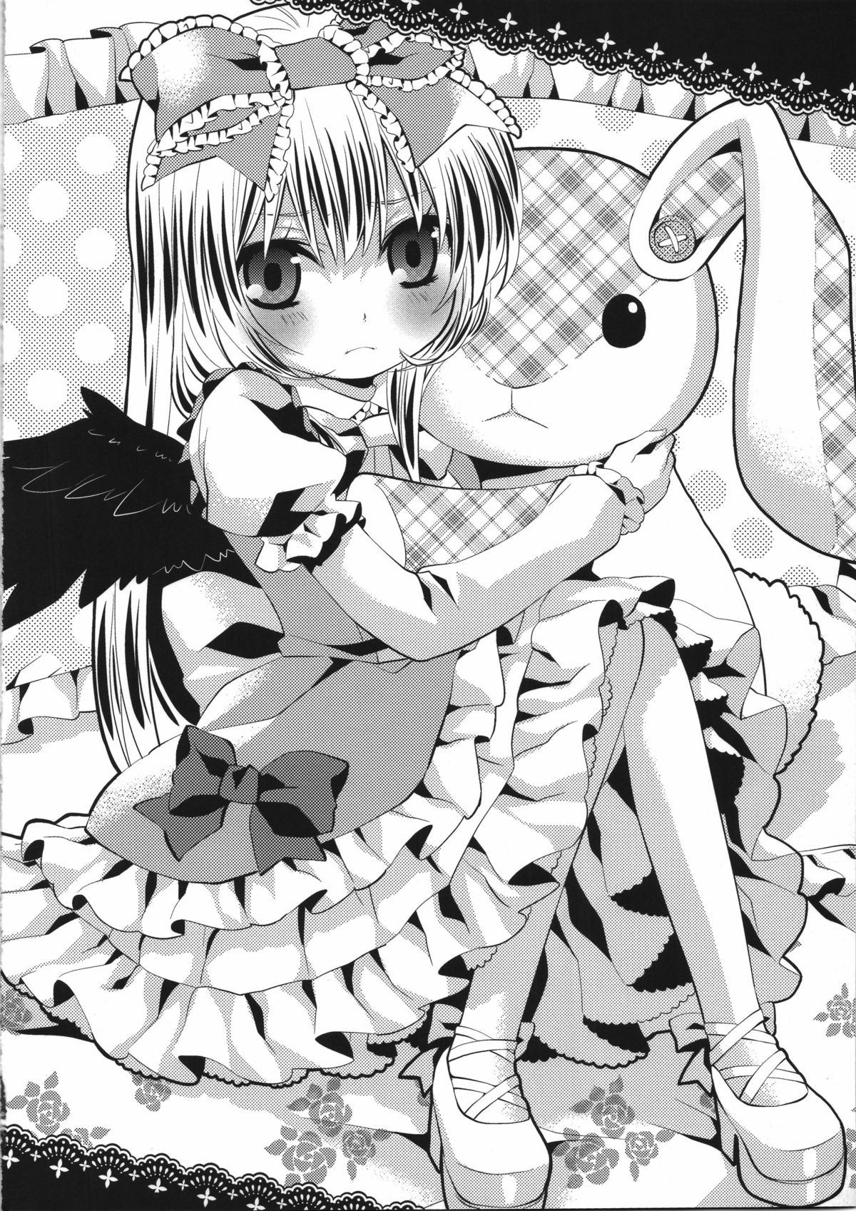 1girl blush bow doujinshi doujinshi_#3 dress frills greyscale hair_bow hair_ribbon image kagiyama_hina long_hair monochrome multiple ribbon solo stuffed_animal wings