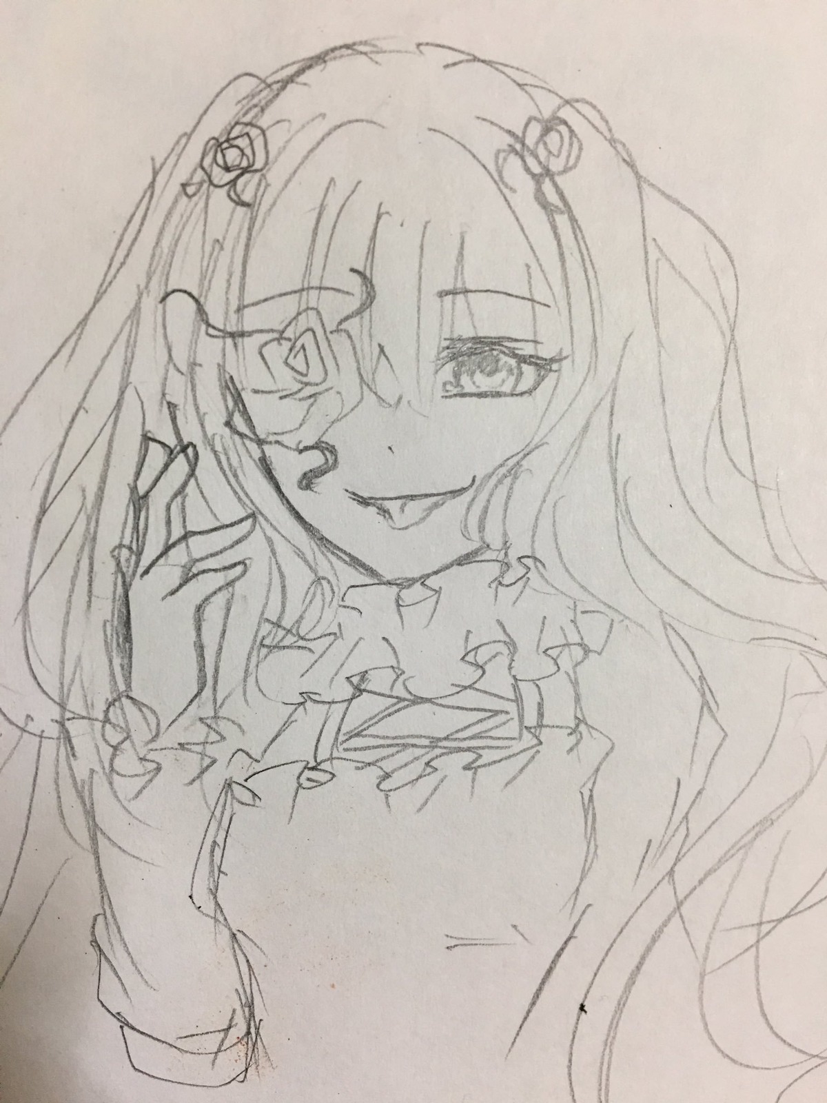 1girl flower hair_flower hair_ornament image kirakishou long_hair looking_at_viewer monochrome smile solo tongue tongue_out traditional_media