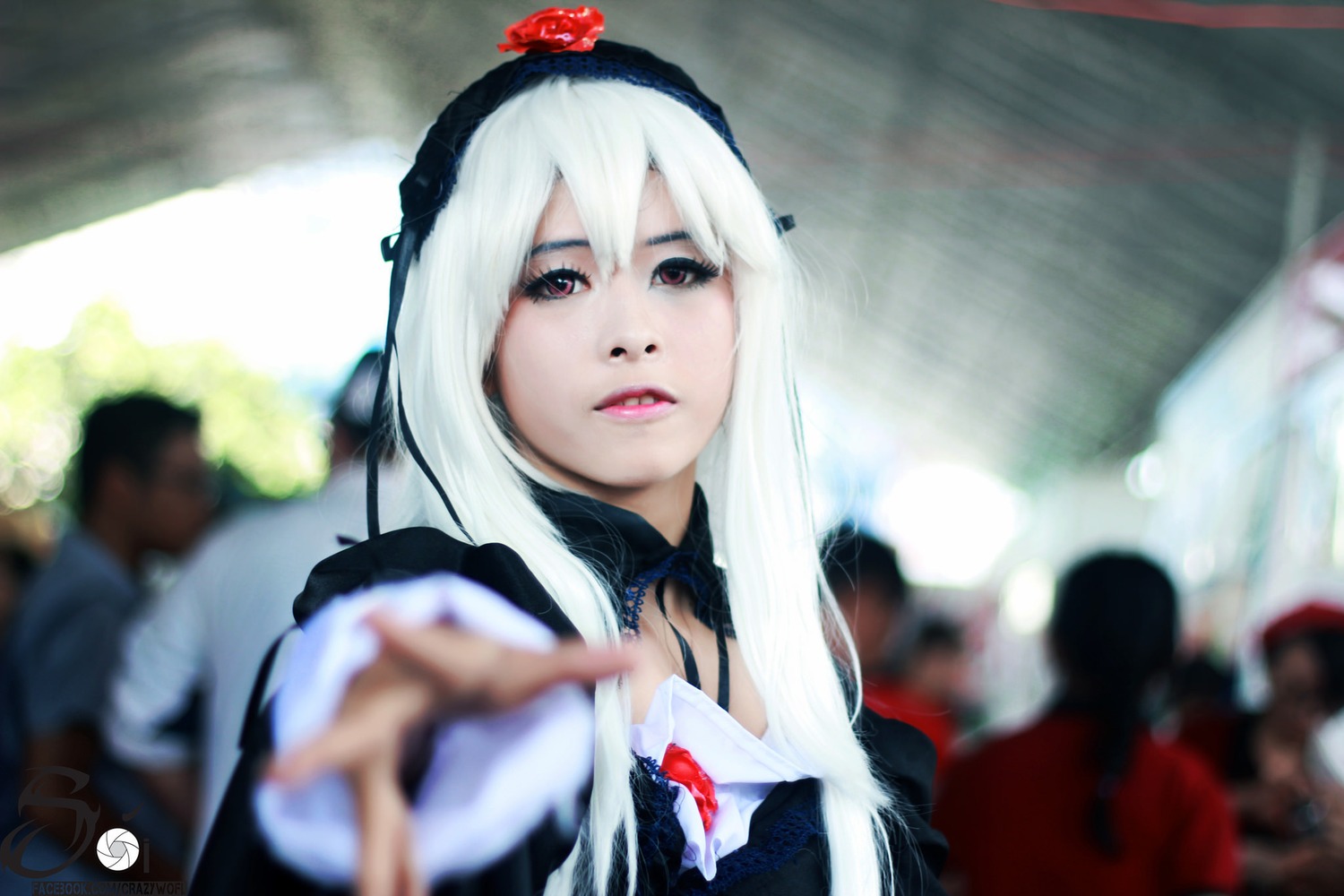 1girl 3d blurry blurry_background blurry_foreground depth_of_field hairband lips long_hair photo red_lips solo solo_focus suigintou white_hair