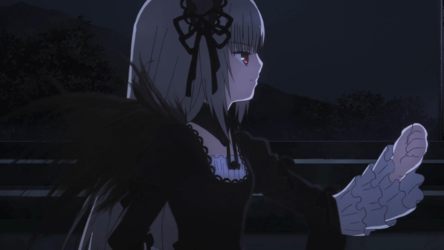 1girl auto_tagged black_dress closed_mouth dress frilled_sleeves frills from_side hairband image long_hair long_sleeves profile red_eyes ribbon solo suigintou