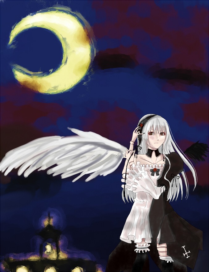 1girl auto_tagged black_wings crescent_moon dress flower full_moon image long_hair long_sleeves looking_at_viewer moon night night_sky sky solo suigintou wings