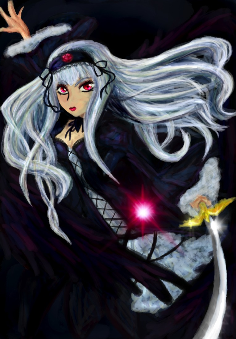 1girl dress frilled_sleeves frills hairband image long_hair long_sleeves open_mouth pink_eyes red_eyes rose silver_hair solo suigintou very_long_hair white_hair