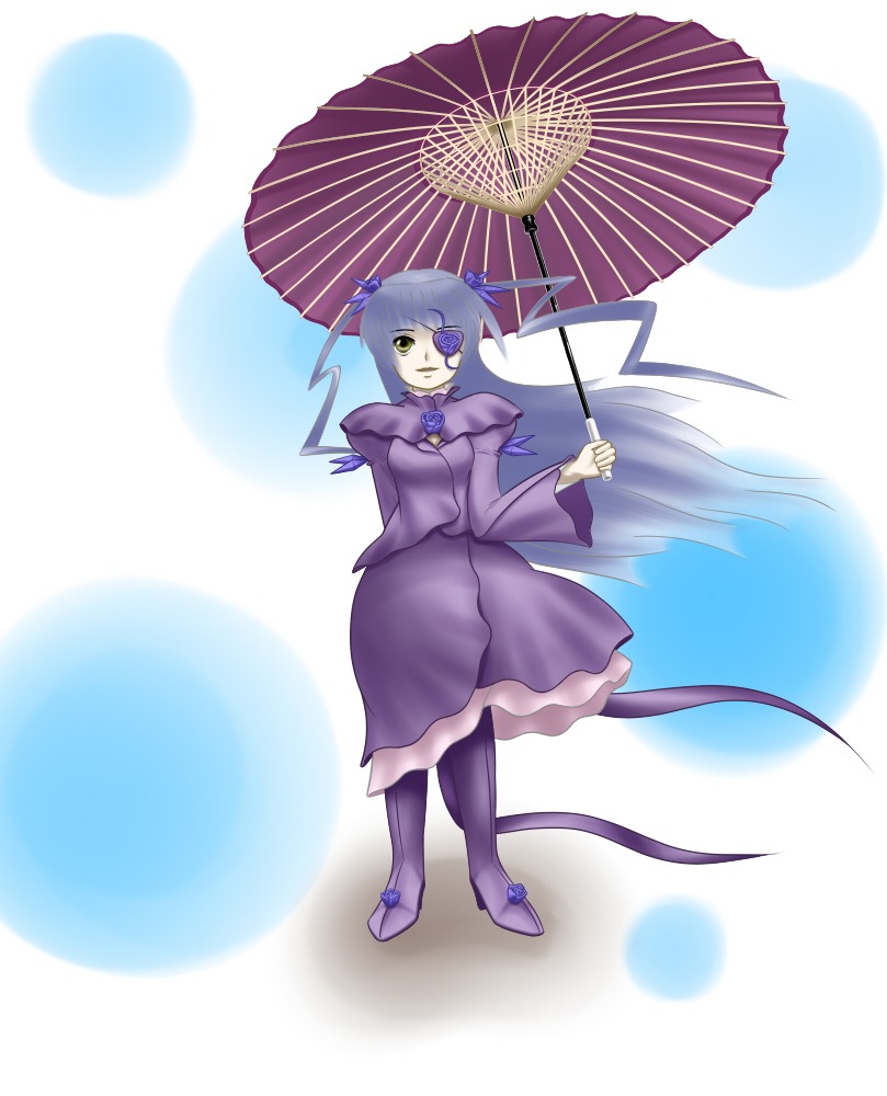 1girl barasuishou black_umbrella boots dress eyepatch full_body hair_ornament holding_umbrella image long_sleeves pantyhose parasol personification purple_dress purple_umbrella red_umbrella solo umbrella yellow_eyes