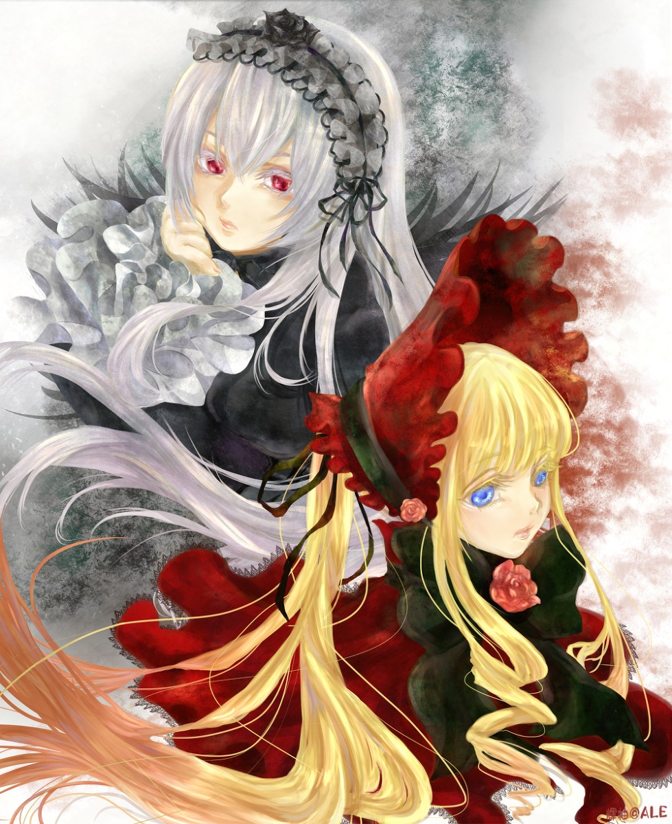 2girls blonde_hair blue_eyes bonnet dress drill_hair flower frills image long_hair long_sleeves looking_at_viewer multiple_girls pair red_eyes rose shinku silver_hair suigintou very_long_hair