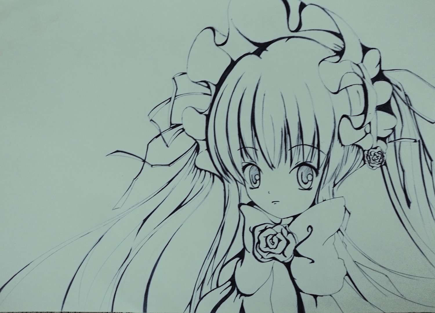 1girl dress flower hat image long_hair looking_at_viewer monochrome rose shinku solo traditional_media