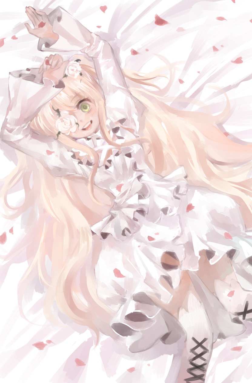 1girl arms_up blonde_hair boots cross-laced_footwear dress flower green_eyes image kirakishou long_hair open_mouth petals smile solo very_long_hair white_dress