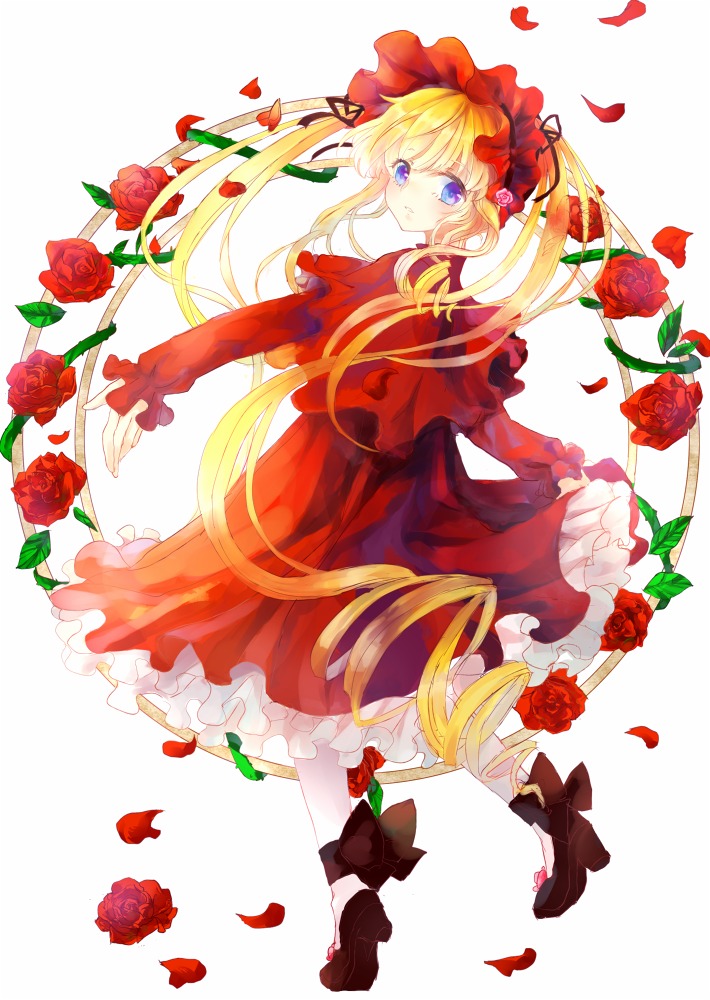 1girl blonde_hair blue_eyes dress flower image lolita_fashion long_hair long_sleeves looking_at_viewer pantyhose petals red_dress red_flower red_rose rose rose_petals shinku shoes solo striped thorns twintails vines white_legwear