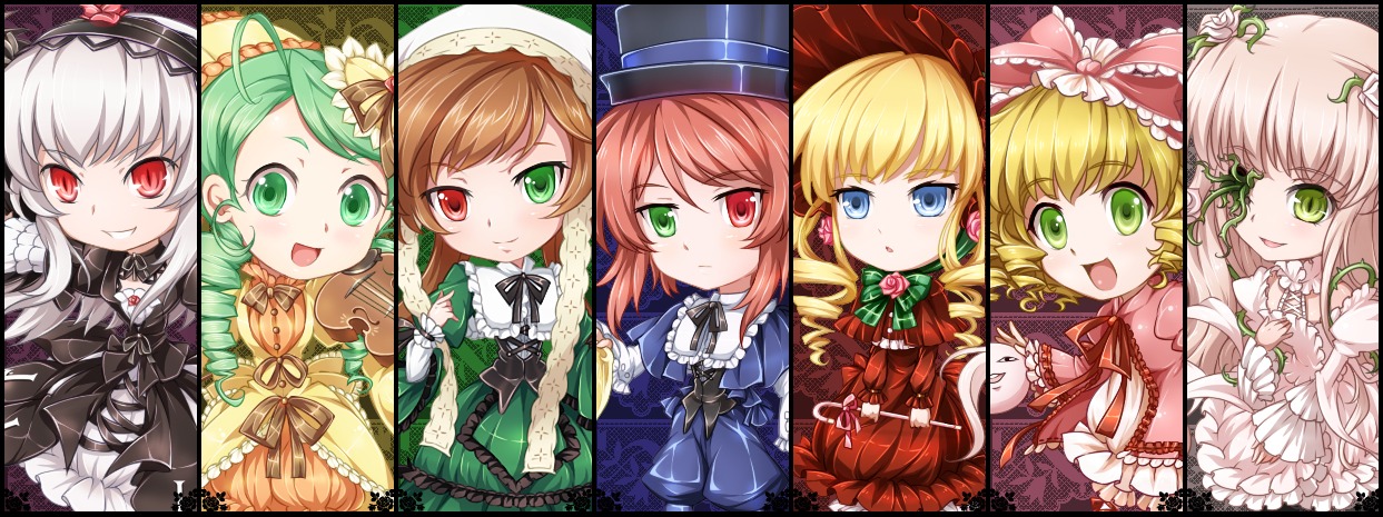 6+girls :d blonde_hair bow brown_hair dress frills green_eyes green_hair hairband hat heterochromia hina_ichigo image kanaria letterboxed long_hair multiple multiple_girls open_mouth pink_bow pink_hair red_eyes shinku short_hair siblings sisters smile souseiseki suigintou suiseiseki tagme top_hat twins twintails two_side_up very_long_hair