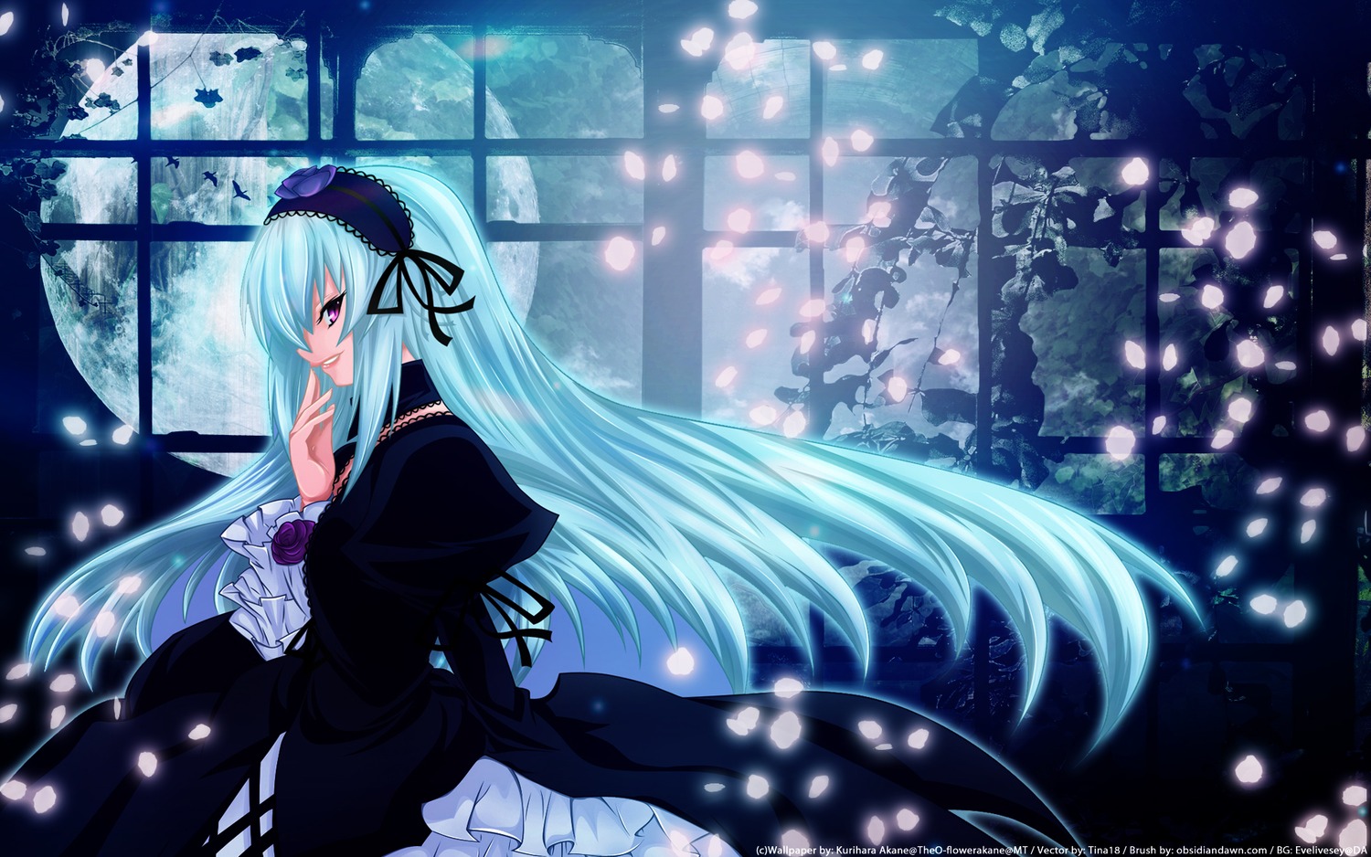 1girl black_dress dress finger_to_mouth flower frills full_moon hairband image juliet_sleeves lolita_hairband long_hair long_sleeves moon petals purple_eyes solo suigintou very_long_hair window