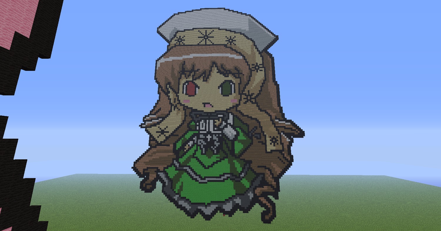 1girl :d chibi dress hat heterochromia image long_hair long_sleeves open_mouth pixel_art red_eyes sky smile solo standing suiseiseki