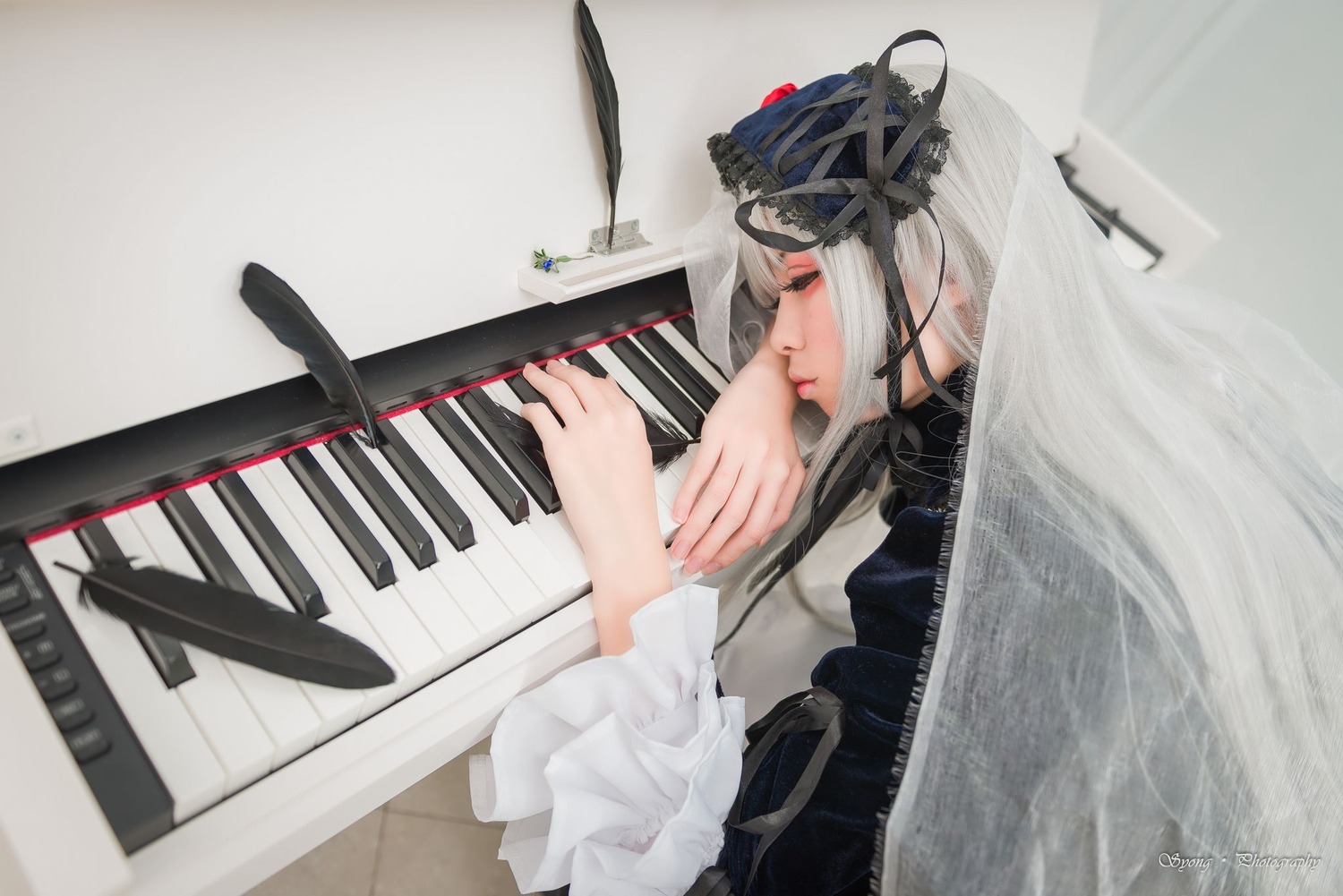 1girl bangs black_dress closed_eyes closed_mouth dress eyelashes holding_instrument instrument long_hair music nail_polish playing_instrument profile ribbon signature silver_hair solo suigintou