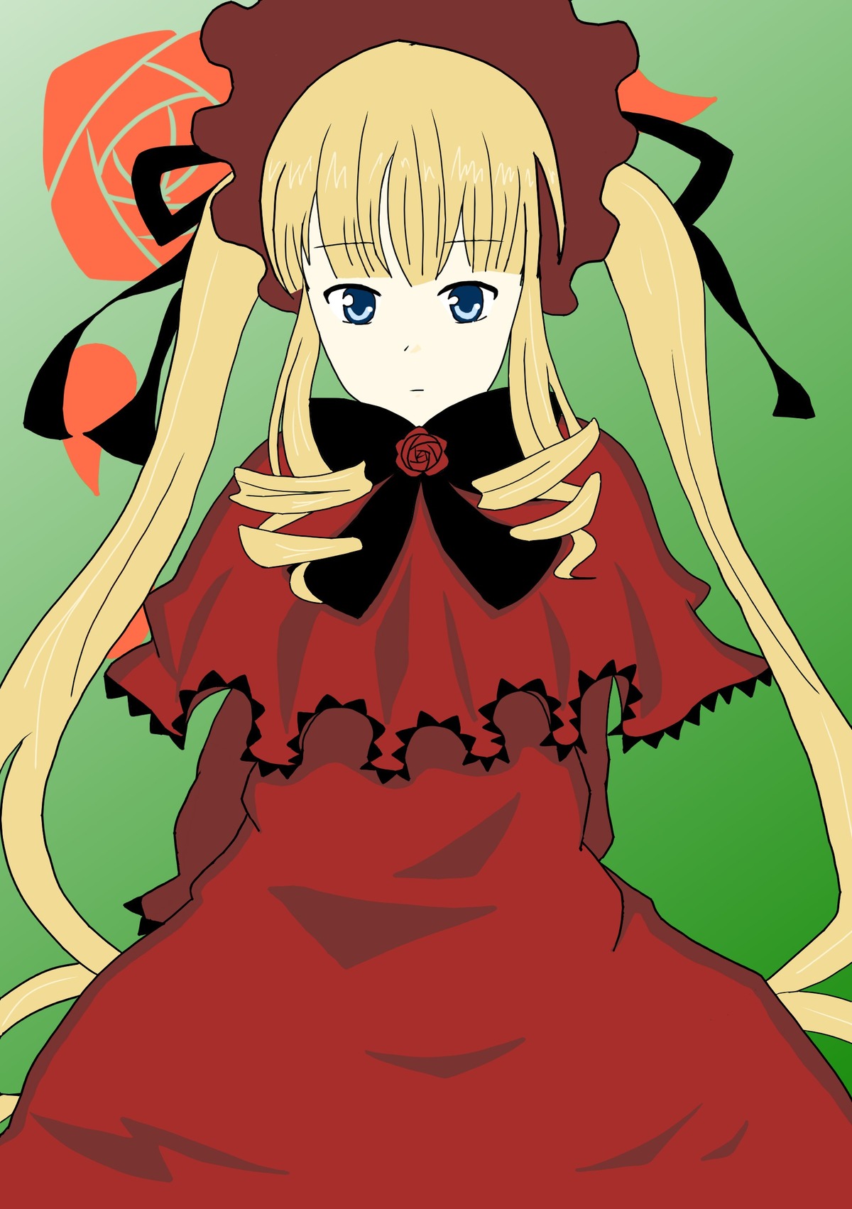 1girl blonde_hair blue_eyes bonnet bow bowtie capelet dress drill_hair flower green_background image long_hair long_sleeves looking_at_viewer red_dress shinku sidelocks simple_background solo twintails very_long_hair