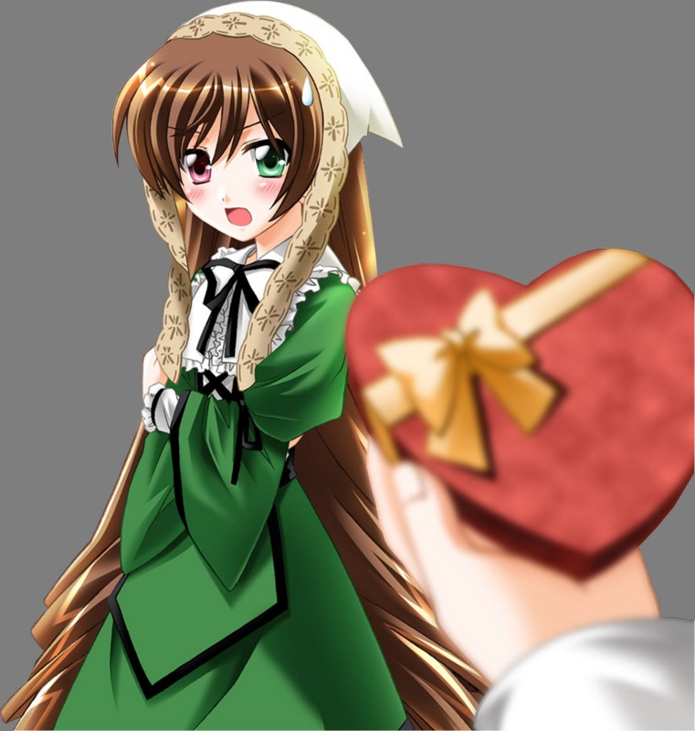 1girl blurry blurry_foreground blush box brown_hair depth_of_field dress flower frills gift green_dress green_eyes hat heterochromia holding_gift image long_hair long_sleeves looking_at_viewer motion_blur open_mouth pov red_eyes solo solo_focus suiseiseki very_long_hair