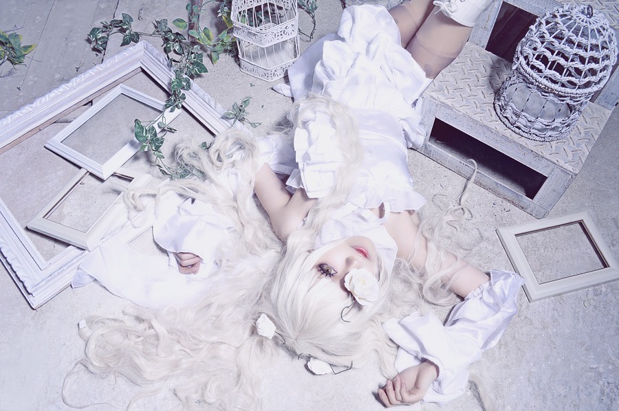 1girl dress kirakishou long_hair looking_at_viewer lying on_back solo white_dress white_hair white_theme