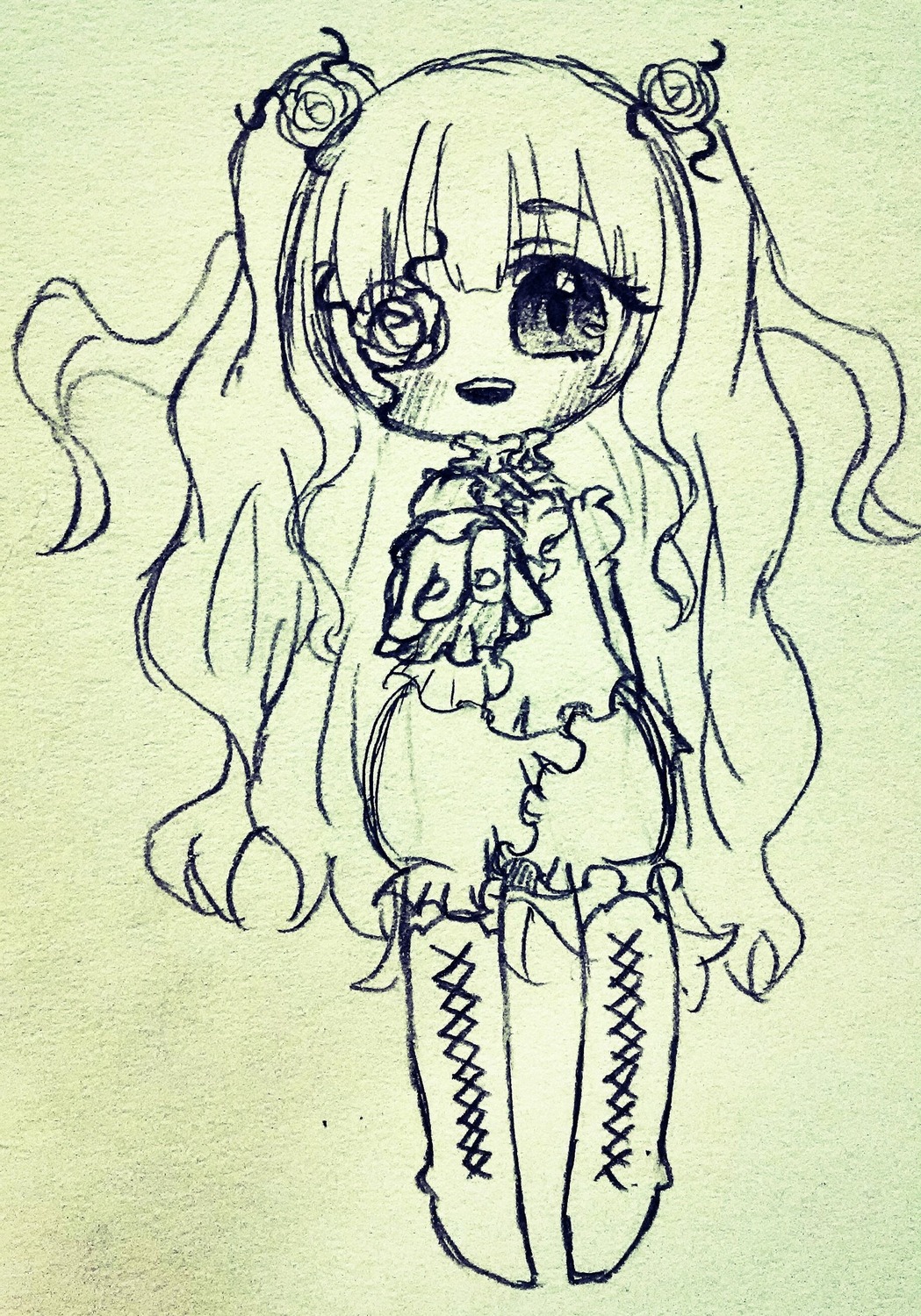 1girl blush boots cross-laced_footwear flower full_body hair_ornament image kirakishou knee_boots long_hair monochrome open_mouth smile solo traditional_media twintails very_long_hair