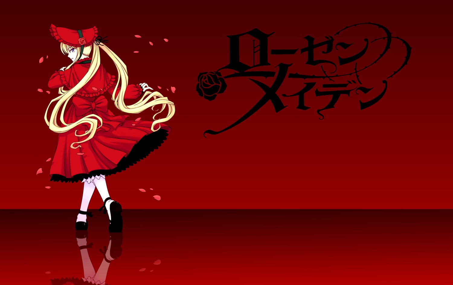 1girl blonde_hair dress flower hat image long_hair petals red_background red_dress red_theme rose shinku solo striped twintails very_long_hair