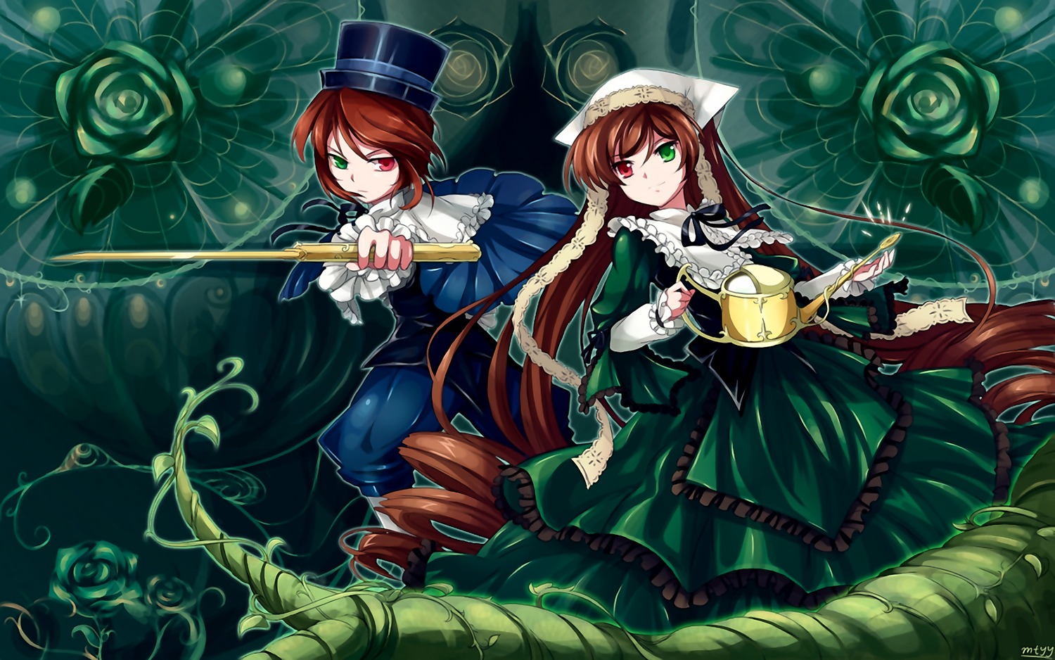 2girls brown_hair commentary_request dress flower frills green_dress green_eyes hat heterochromia holding image long_hair long_sleeves mtyy multiple_girls pair photoshop_(medium) red_eyes rose rozen_maiden scissors short_hair siblings sisters souseiseki suiseiseki top_hat twins very_long_hair watering_can