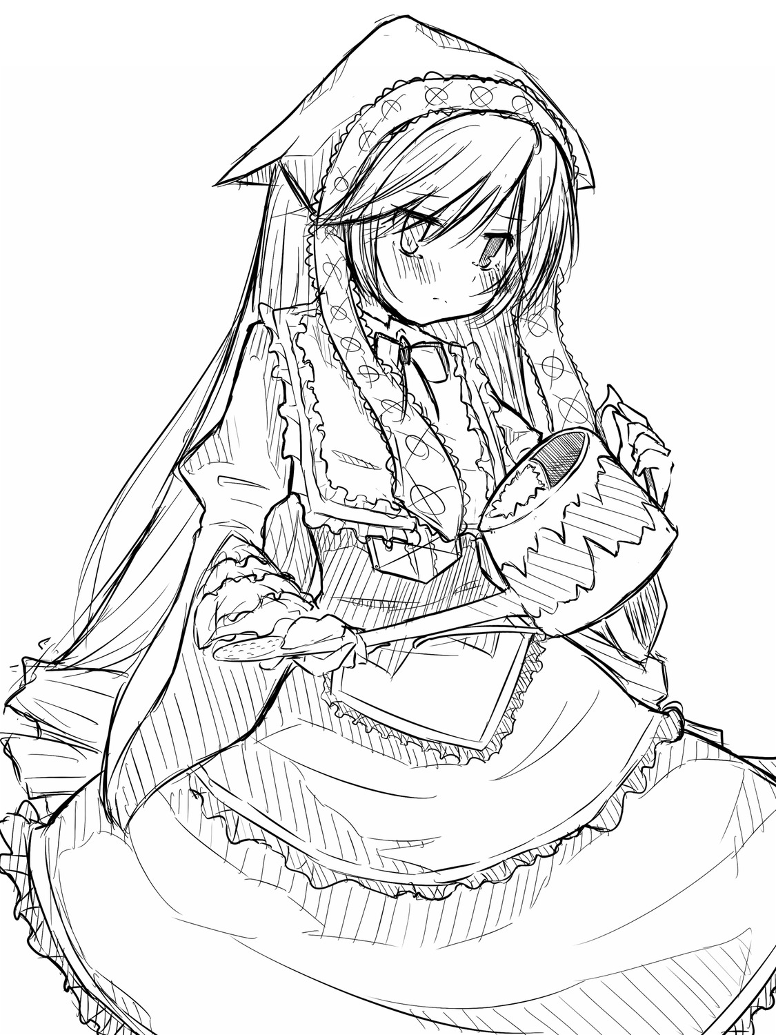 1girl blush frills greyscale image long_hair monochrome solo suiseiseki