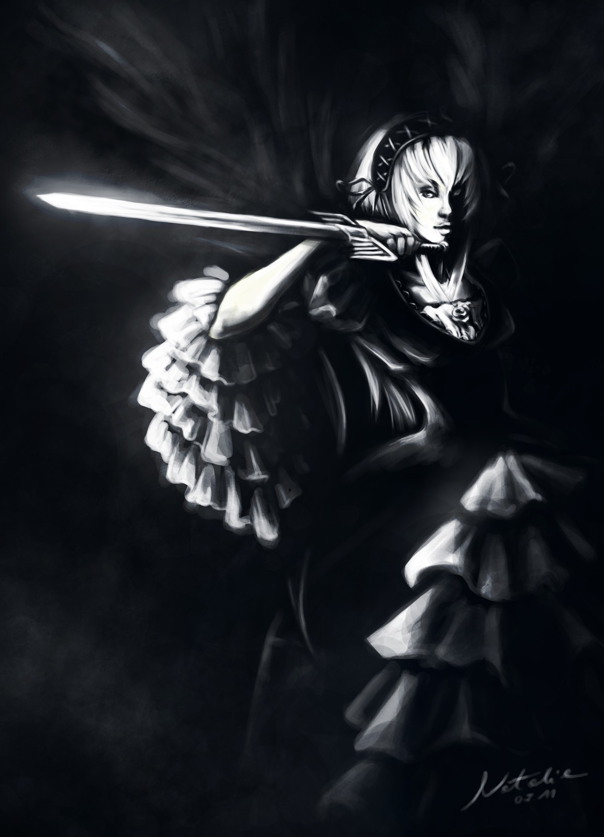 1girl auto_tagged dress frills greyscale hairband image long_sleeves looking_at_viewer monochrome short_hair signature solo suigintou sword weapon
