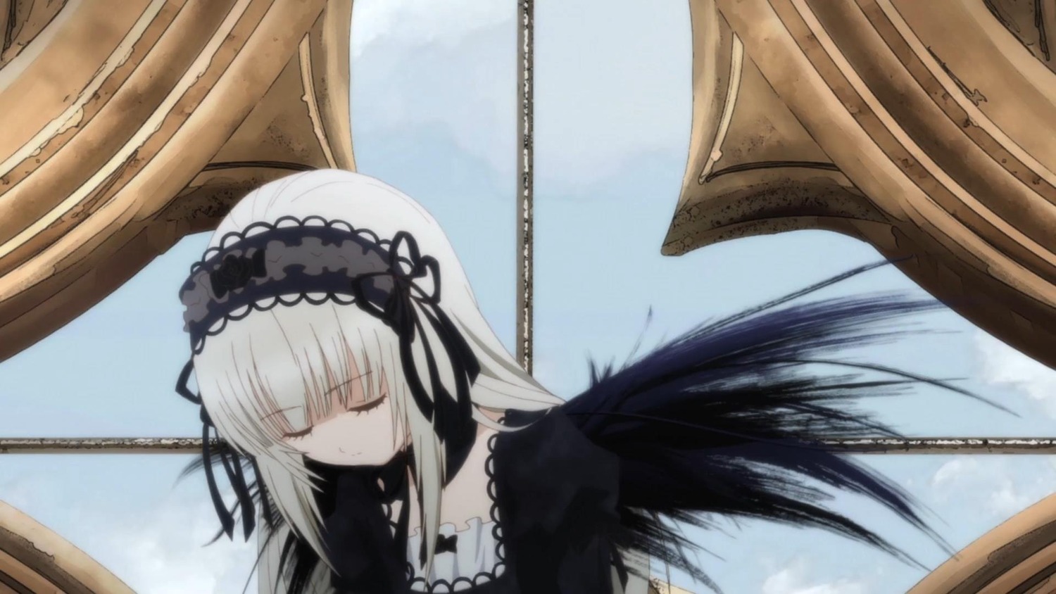 1girl bangs black_dress black_ribbon black_wings closed_eyes closed_mouth detached_collar dress frills gothic_lolita hairband image lolita_fashion lolita_hairband long_hair long_sleeves ribbon rose silver_hair sky solo suigintou wings