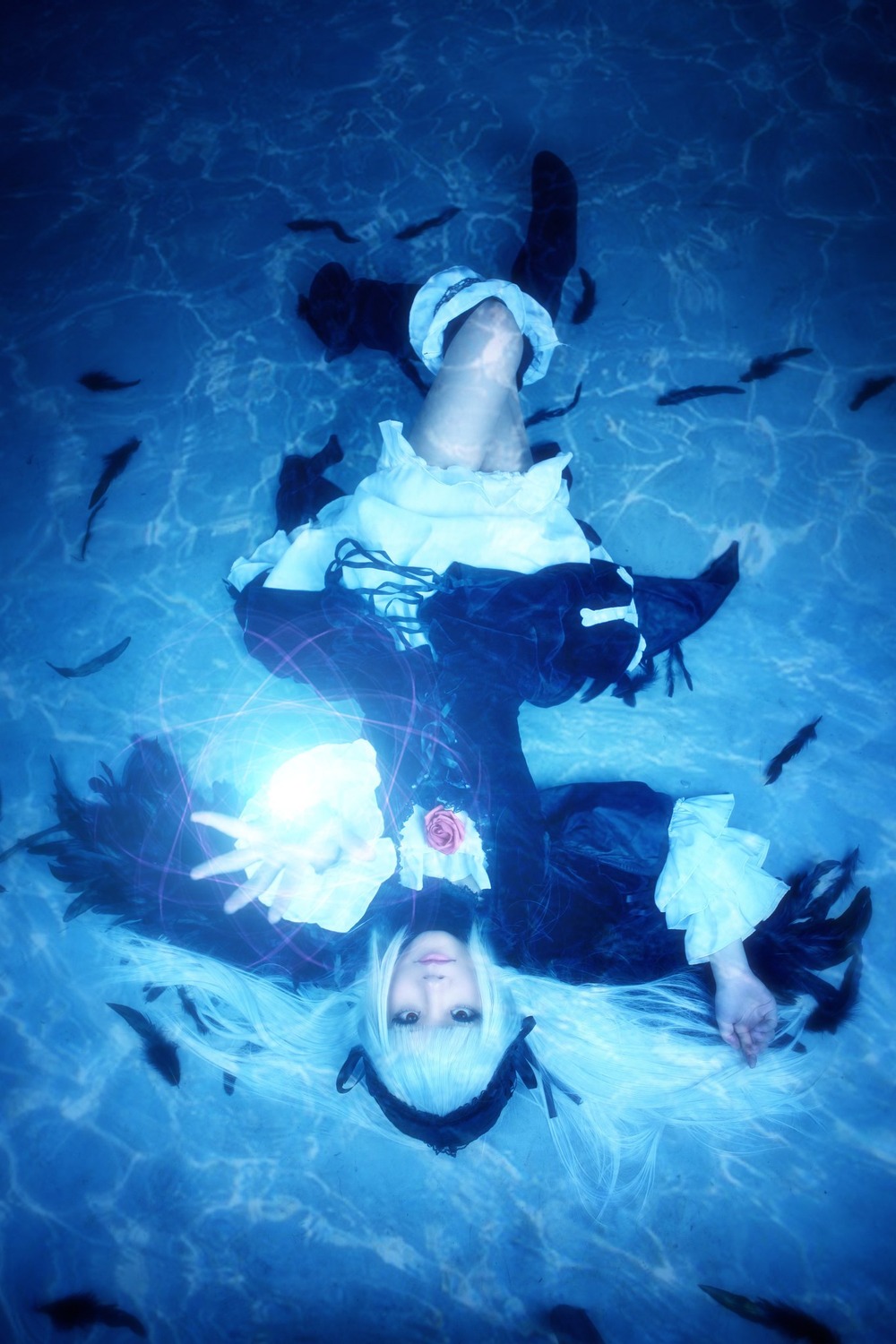 1girl air_bubble bird blonde_hair boots bubble caustics dress feathers fish flower gothic_lolita lips long_hair realistic rose solo suigintou underwater water