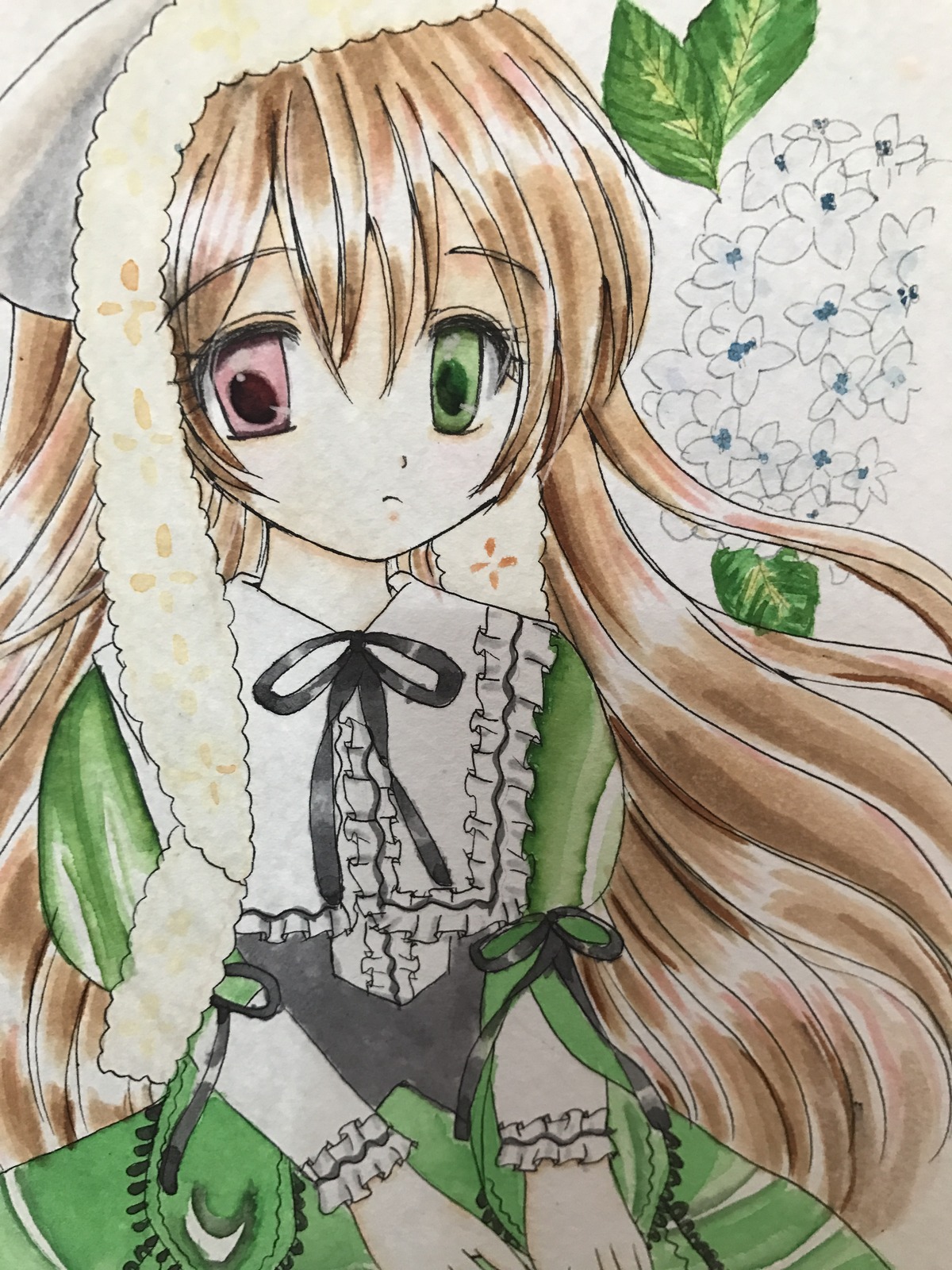 1girl black_ribbon brown_hair dress frills green_dress green_eyes hat heterochromia image long_hair long_sleeves looking_at_viewer marker_(medium) pastel_(medium) red_eyes ribbon solo suiseiseki traditional_media very_long_hair watercolor_(medium)