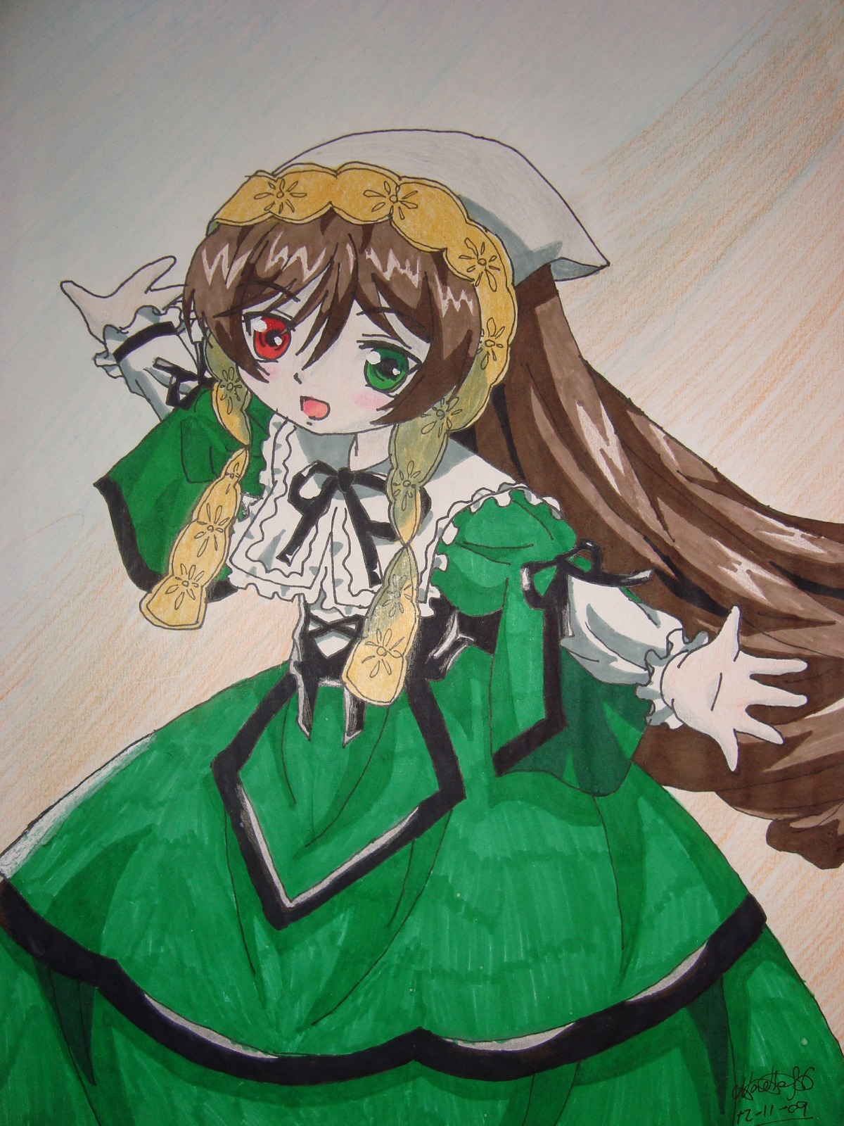 1girl brown_hair dress frills green_dress green_eyes heterochromia image long_hair long_sleeves looking_at_viewer open_mouth red_eyes smile solo suiseiseki traditional_media very_long_hair