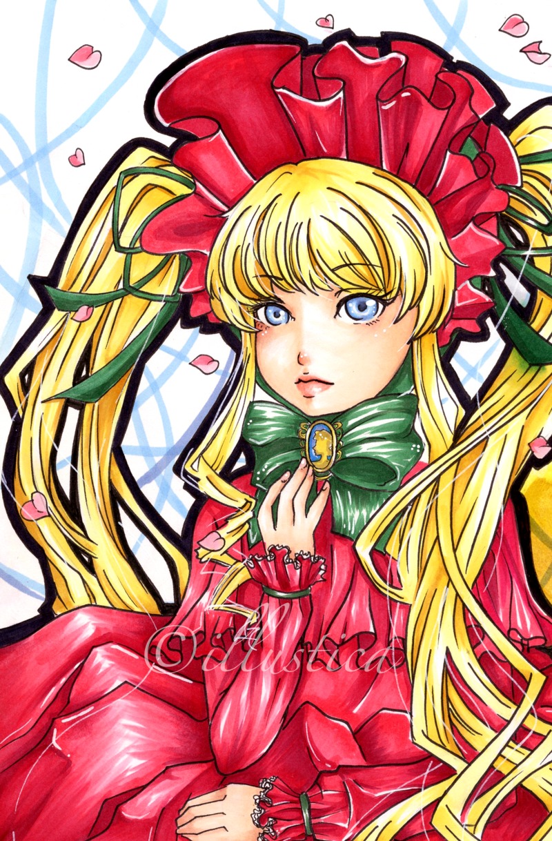 1girl blonde_hair blue_eyes bonnet bow bowtie dress flower green_bow green_neckwear heart image long_hair looking_at_viewer petals red_capelet red_dress ring rose_petals shinku sitting solo twintails very_long_hair