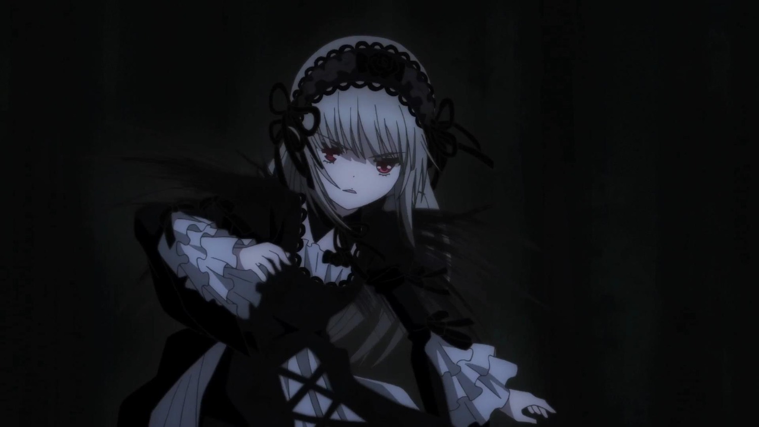 1girl auto_tagged bangs black_ribbon closed_mouth dress eyebrows_visible_through_hair frilled_sleeves frills hairband image long_hair long_sleeves looking_at_viewer red_eyes ribbon rose silver_hair solo suigintou wide_sleeves