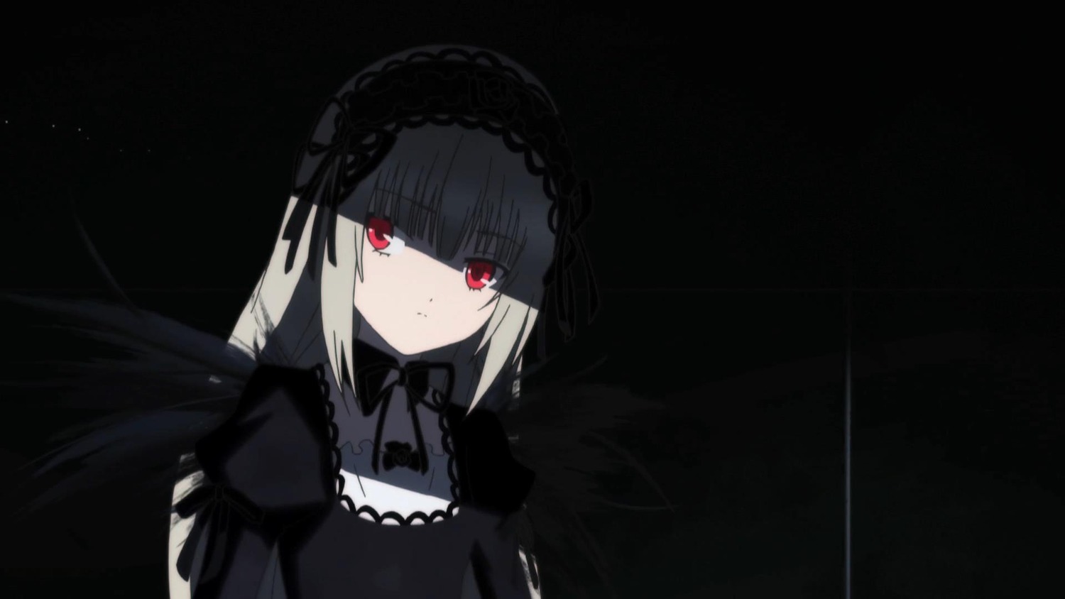 1girl bangs black_background black_dress black_ribbon black_wings closed_mouth dress eyebrows_visible_through_hair hairband image juliet_sleeves lolita_fashion long_hair long_sleeves looking_at_viewer red_eyes ribbon simple_background solo suigintou wings