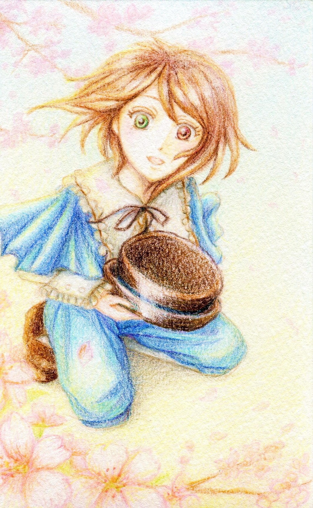 1boy brown_hair green_eyes hat hat_removed headwear_removed holding holding_clothes holding_hat image long_sleeves looking_at_viewer pants ribbon short_hair sitting smile solo souseiseki traditional_media watercolor_(medium)