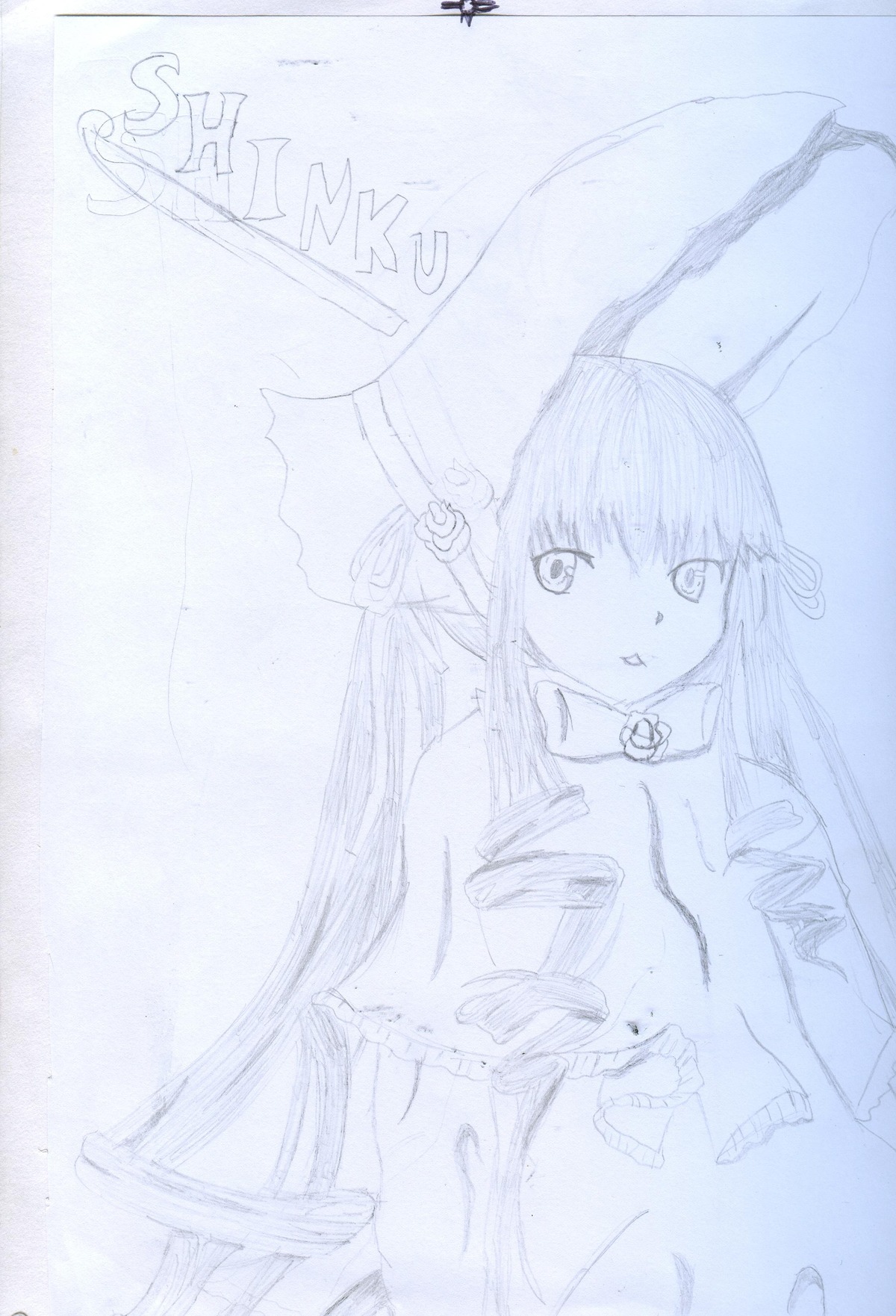 1girl image long_hair long_sleeves looking_at_viewer monochrome shinku sketch solo