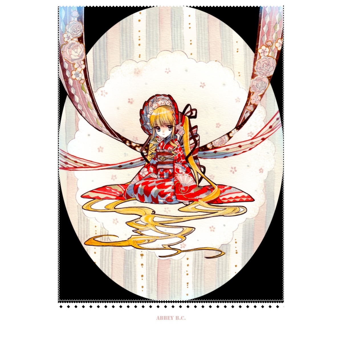 1girl bangs blonde_hair blue_eyes flower full_body image japanese_clothes kimono long_hair looking_at_viewer ribbon shinku sitting solo twintails