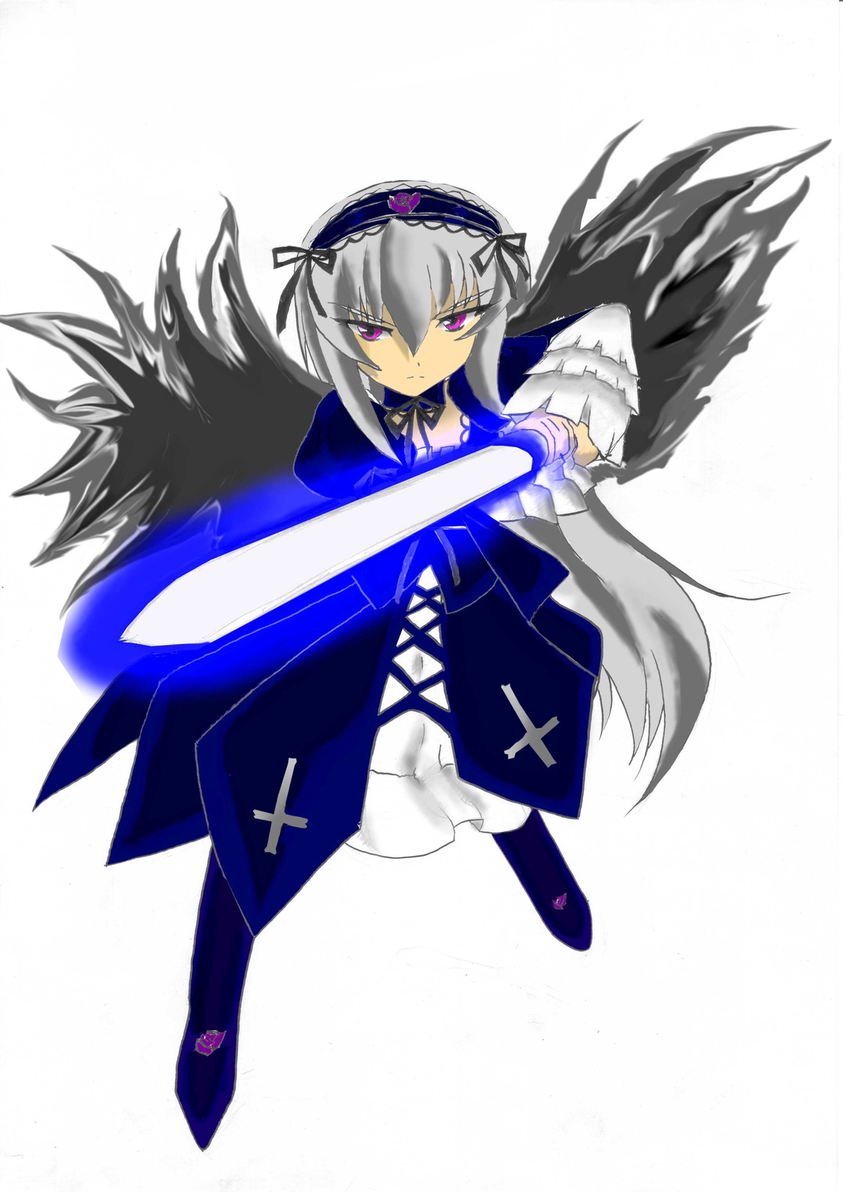 1girl black_wings dress feathered_wings feathers flower frills full_body hairband image long_hair long_sleeves looking_at_viewer pink_eyes ribbon rose simple_background solo suigintou weapon white_background wings