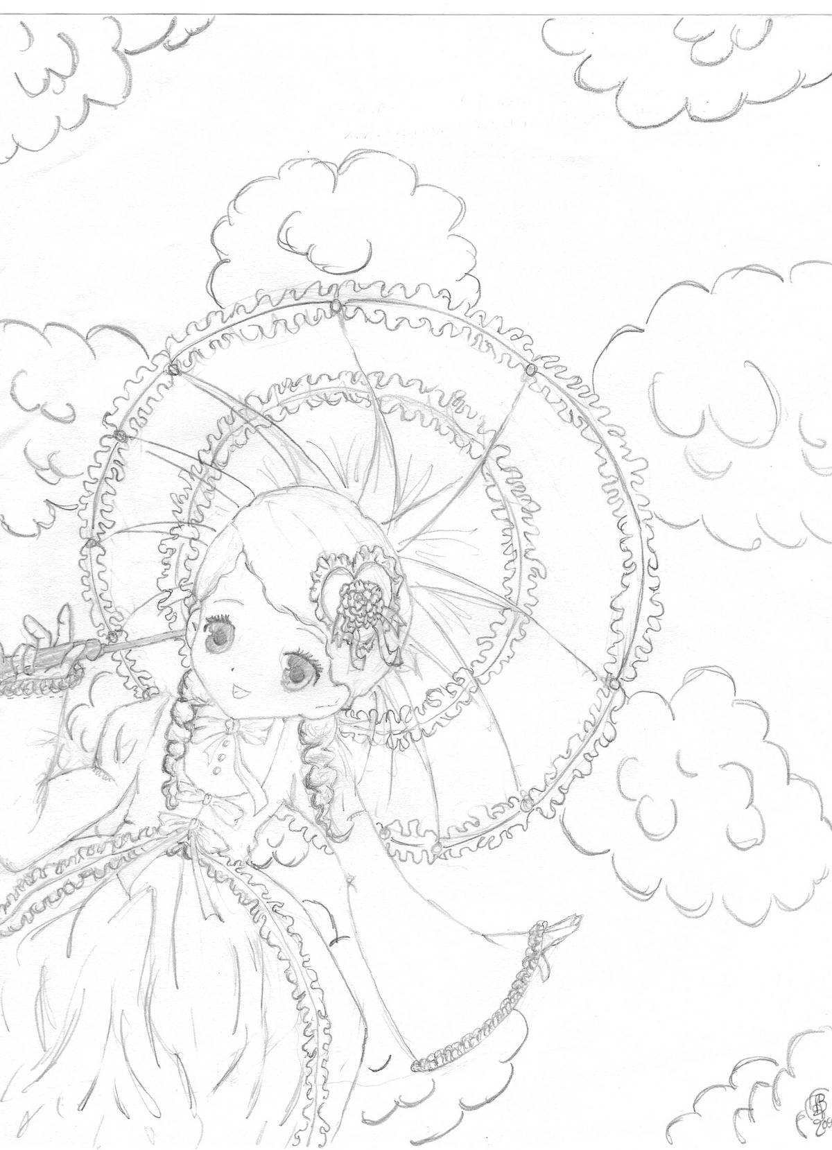 1girl blush cloud dress flower frills hair_ornament image kanaria long_sleeves monochrome parasol sky smile smoke solo umbrella