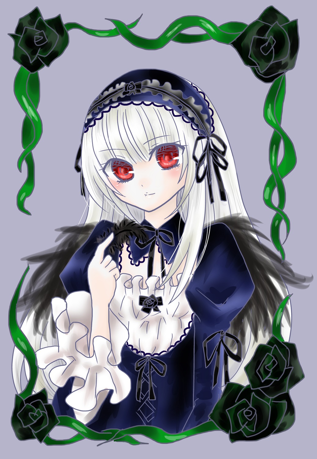1girl black_ribbon cross-laced_clothes dress flower frills grey_background hairband image lolita_fashion long_hair long_sleeves looking_at_viewer plant puffy_sleeves red_eyes ribbon rose silver_hair simple_background solo suigintou thorns upper_body vines
